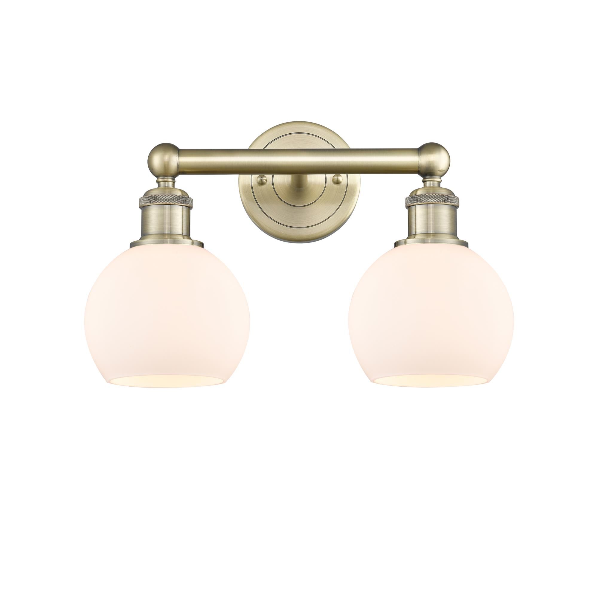 Shown in Antique Brass finish and Matte White glass
