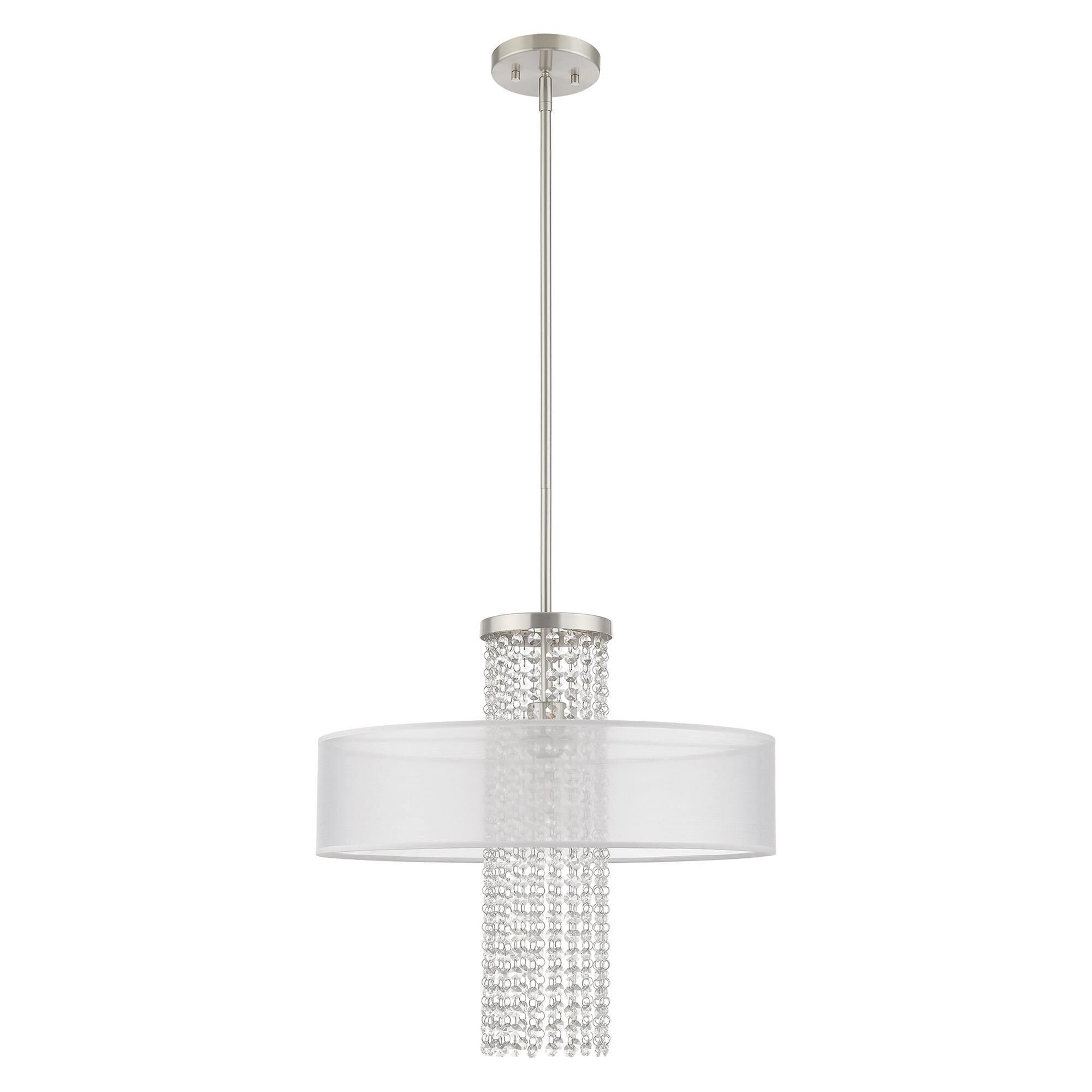 Shown in Brushed Nickel finish and Clear Crystals with Hand Crafted Translucent Fabric shade