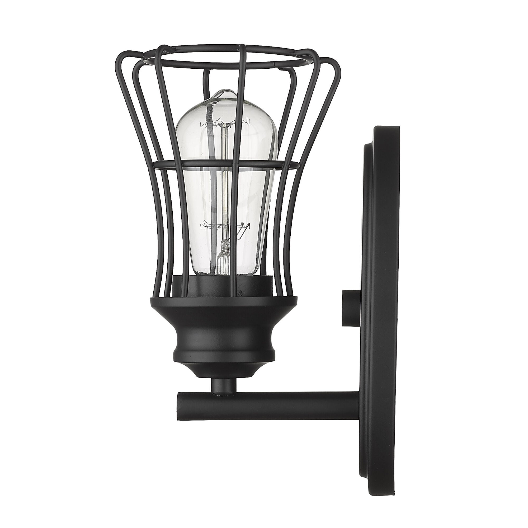 Shown in Matte Black finish and Matte Black glass and Matte Black, Geometric Metal Cage shade