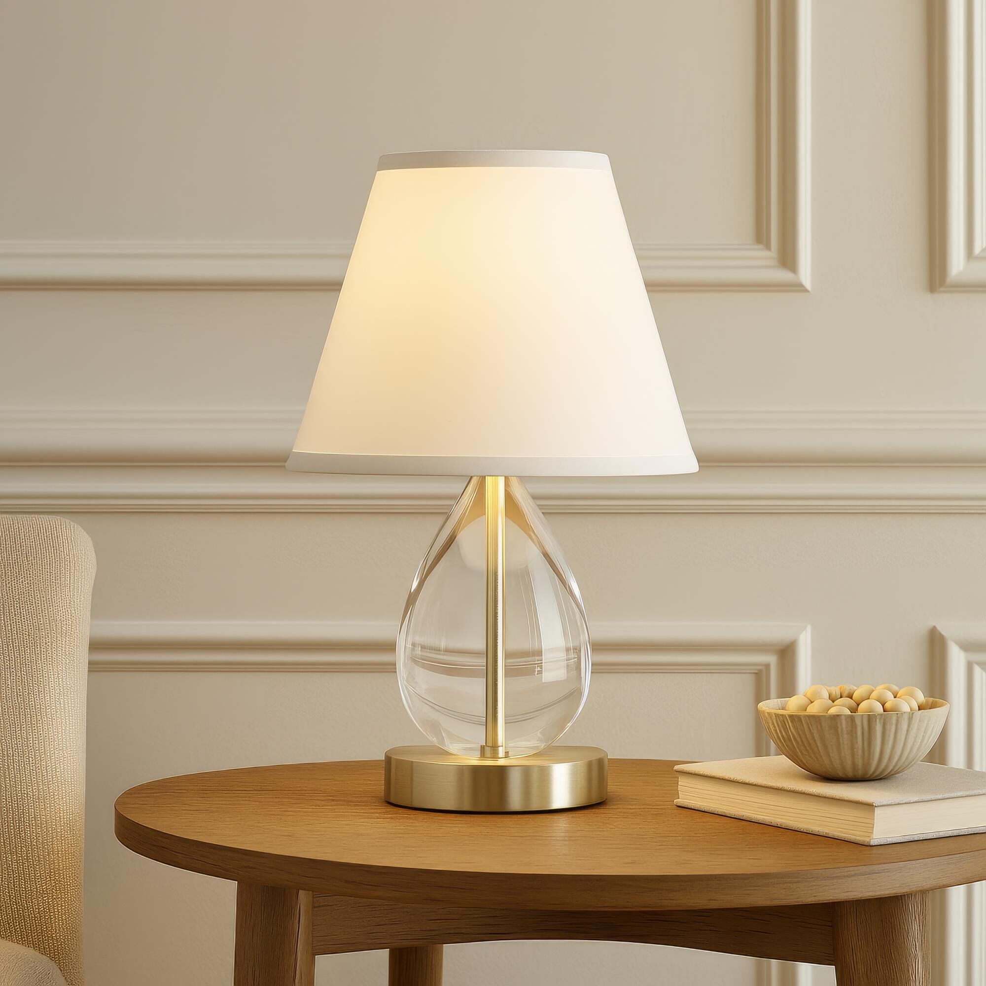 Shown in Brass finish and White Linen Shade shade