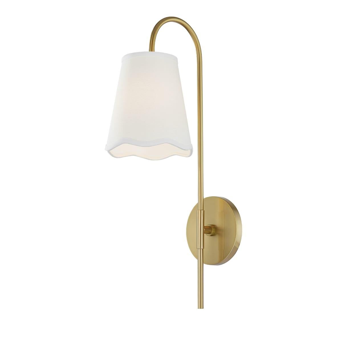 Shown in Aged Brass finish and White Linen shade