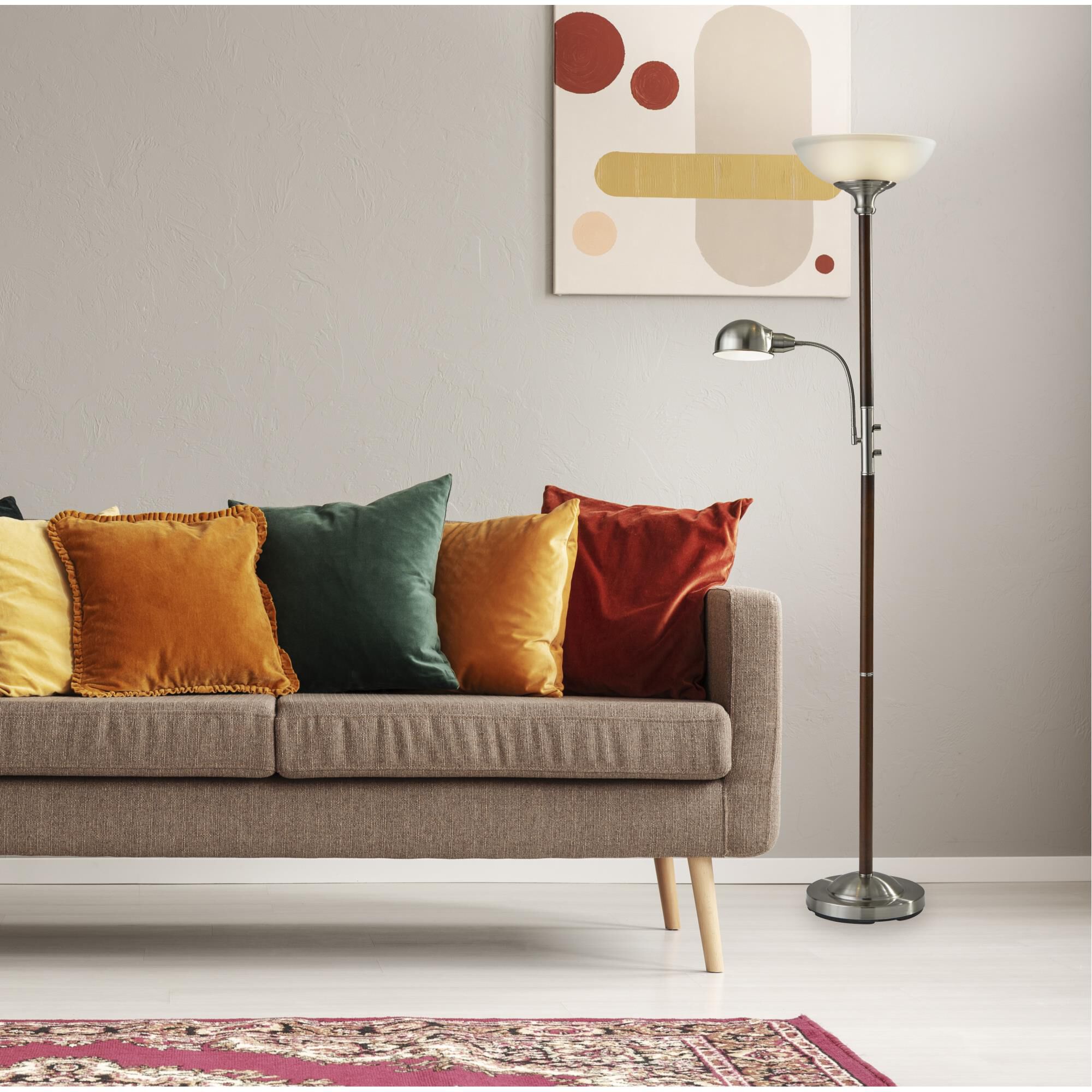 Shown in Walnut Rubber Wood W. Brushed Steel Accents finish and Alabaster Frosted glass