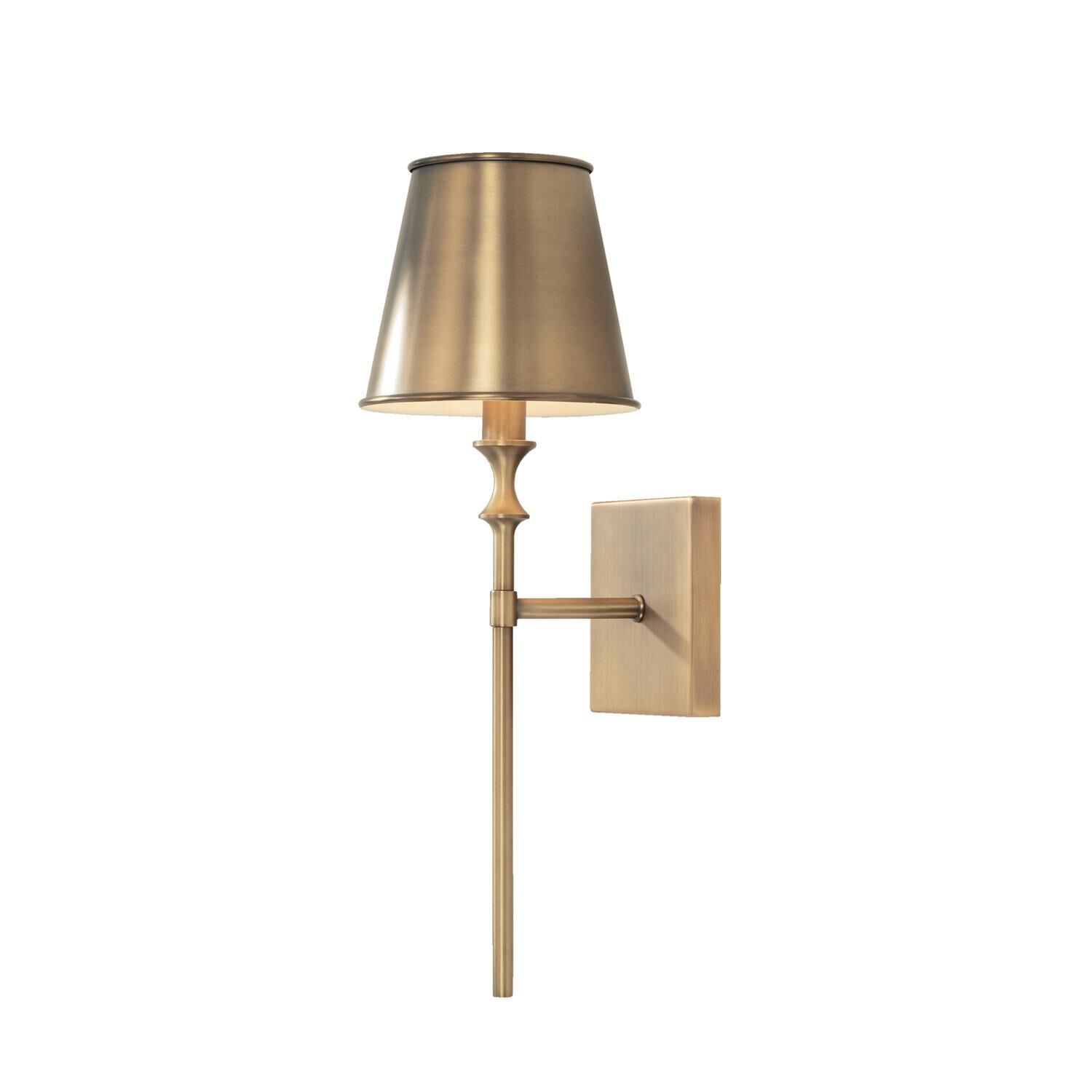 Shown in Aged Brass finish and Aged Brass Metal Stay-Straight  with White Interior shade