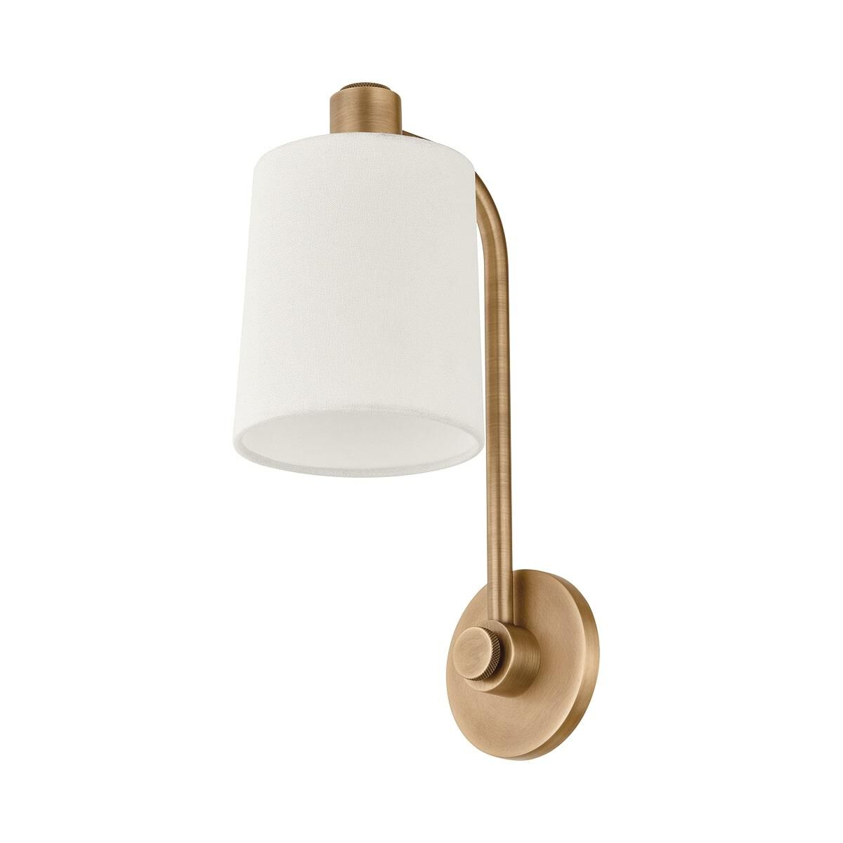 Shown in Patina Brass finish and Off White Linen shade