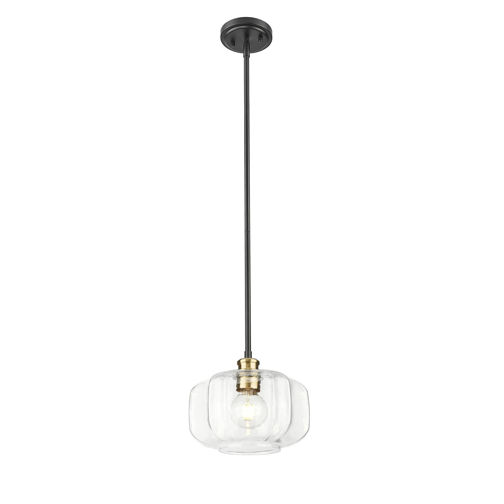 Shown in Matte Black And Brass finish and Clear Glass Globe shade