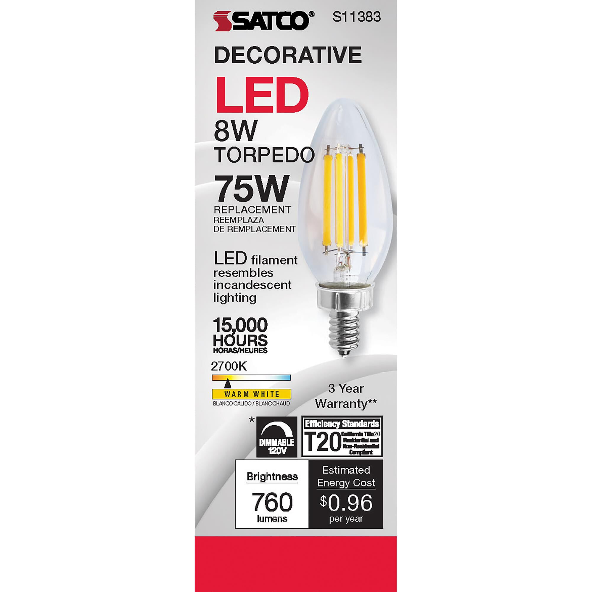 Dimmable 8 Watt 2700K C11 LED Light Bulb by Satco