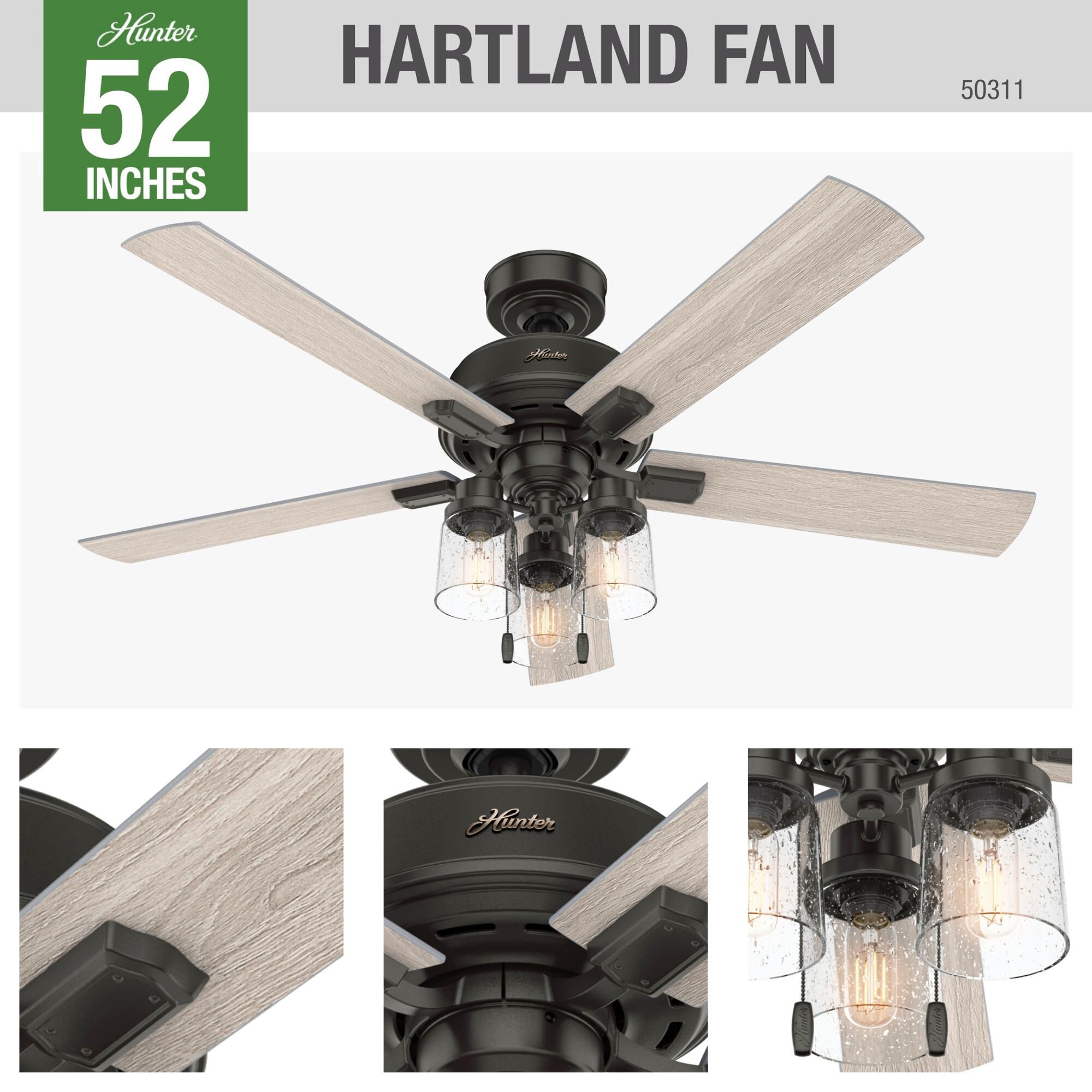 Hartland 52 Inch Ceiling Fan with Light Kit by Hunter Fan