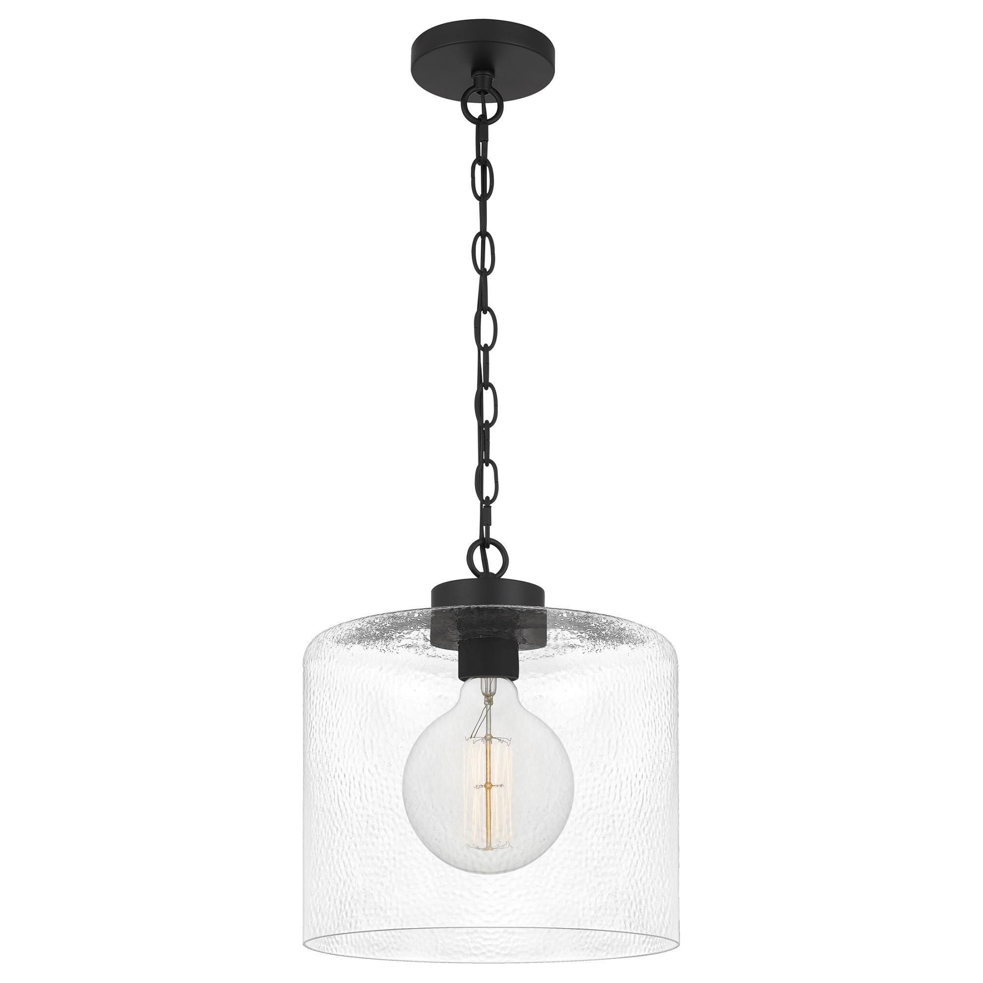 Shown in Matte Black finish and Clear Hammered Glass shade