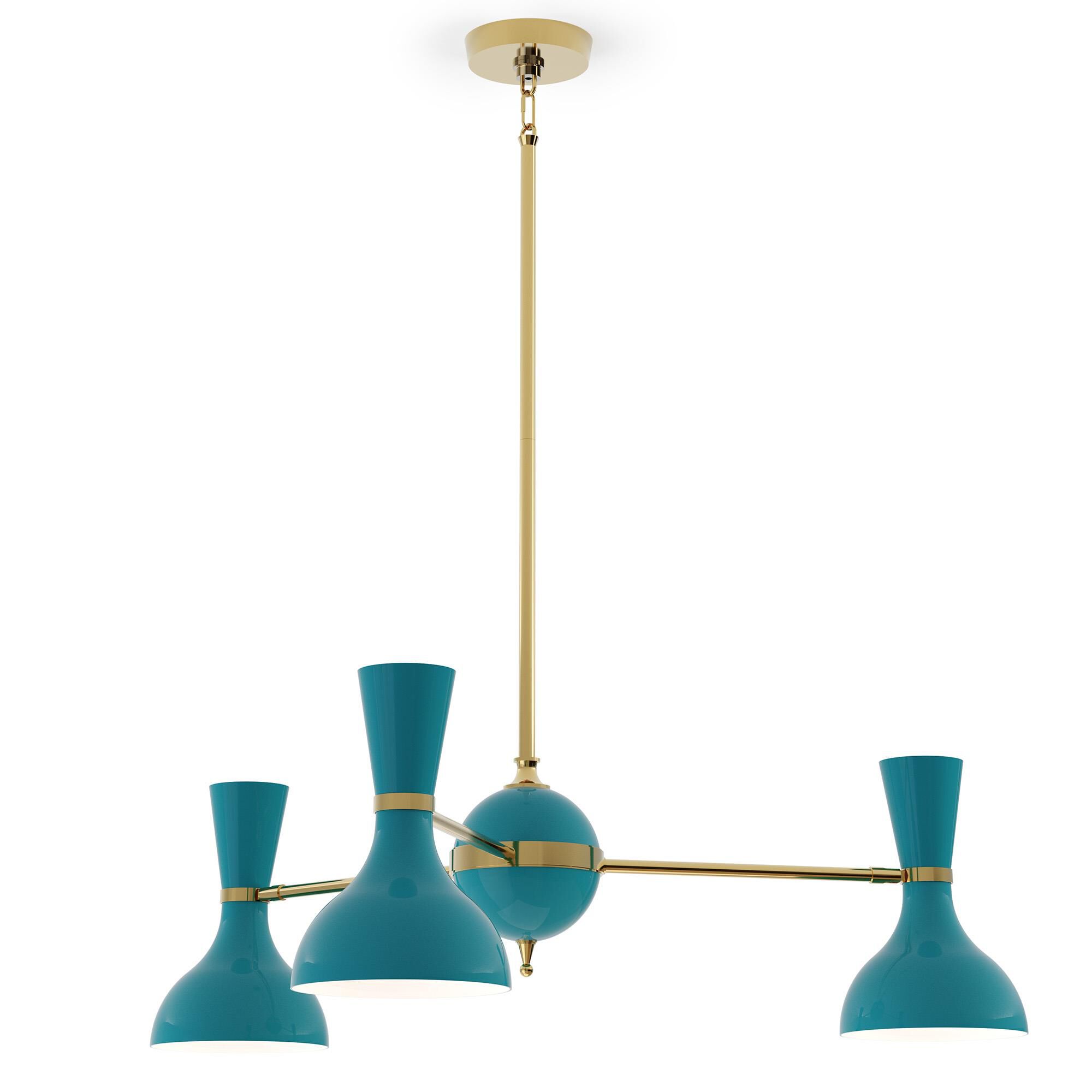 Shown in Modern Brass finish and Peacock shade