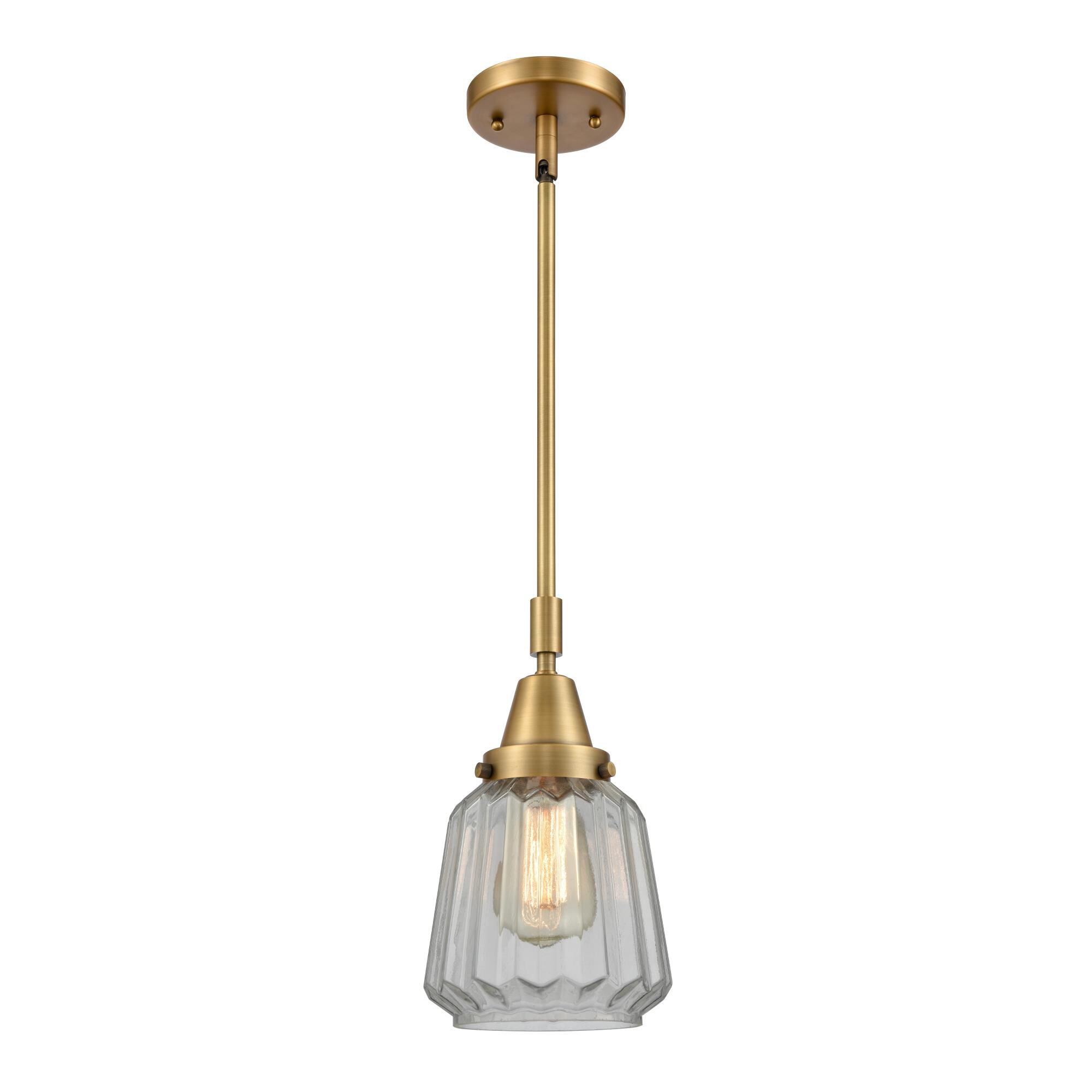 Shown in Brushed Brass finish and Clear Chatham glass