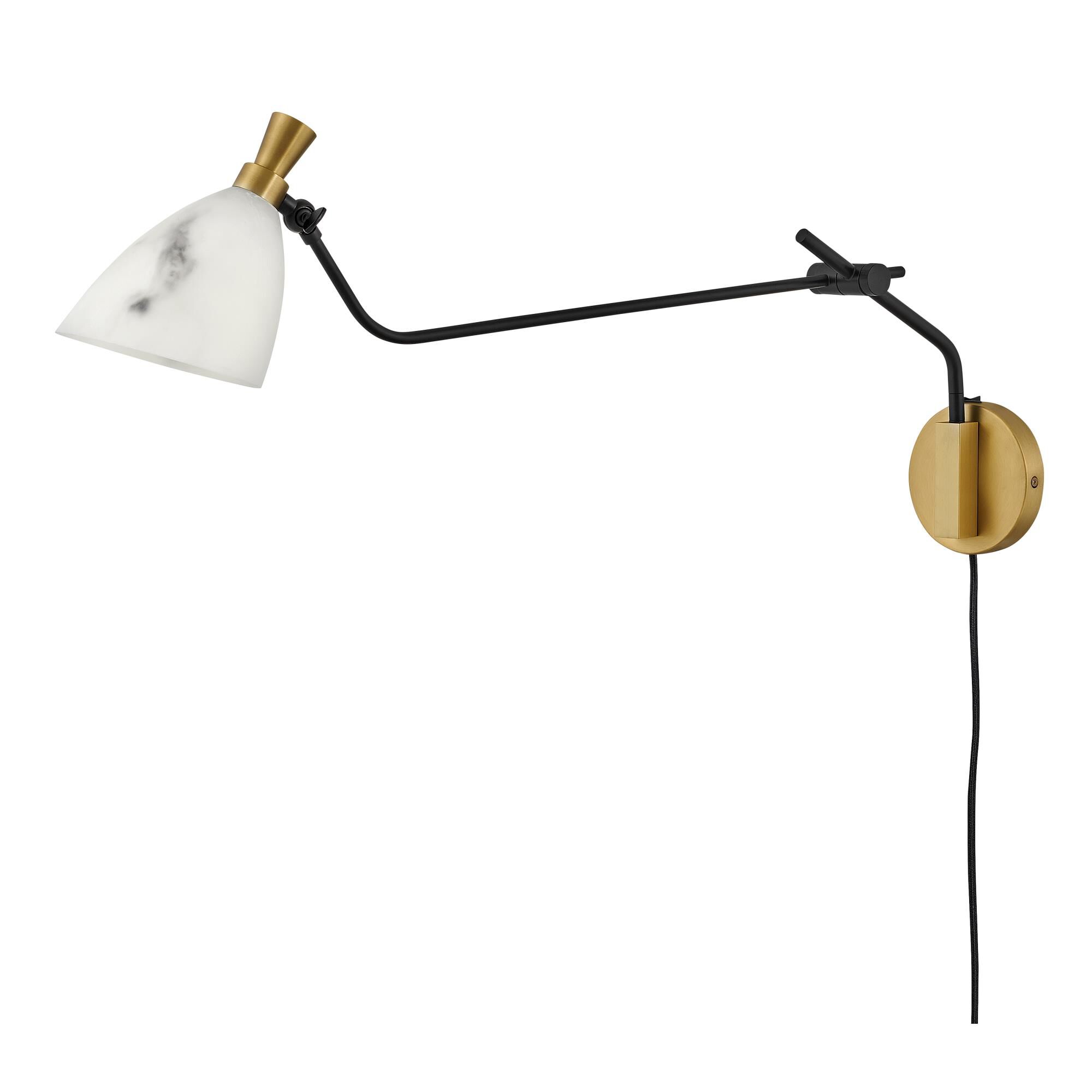 Shown in Heritage Brass finish and Faux Alabaster glass and Black accent