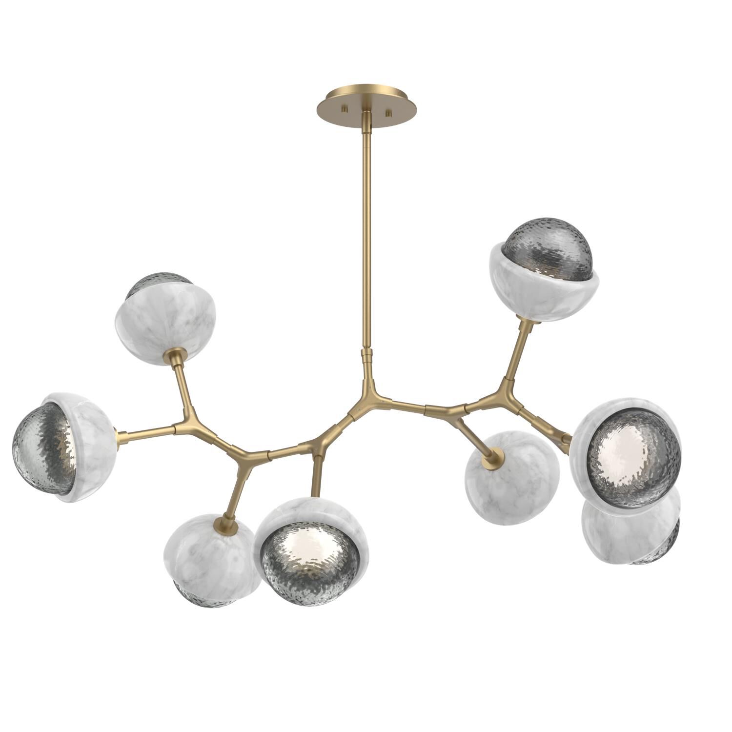Shown in Novel Brass finish and Smoke glass and White Marble accent