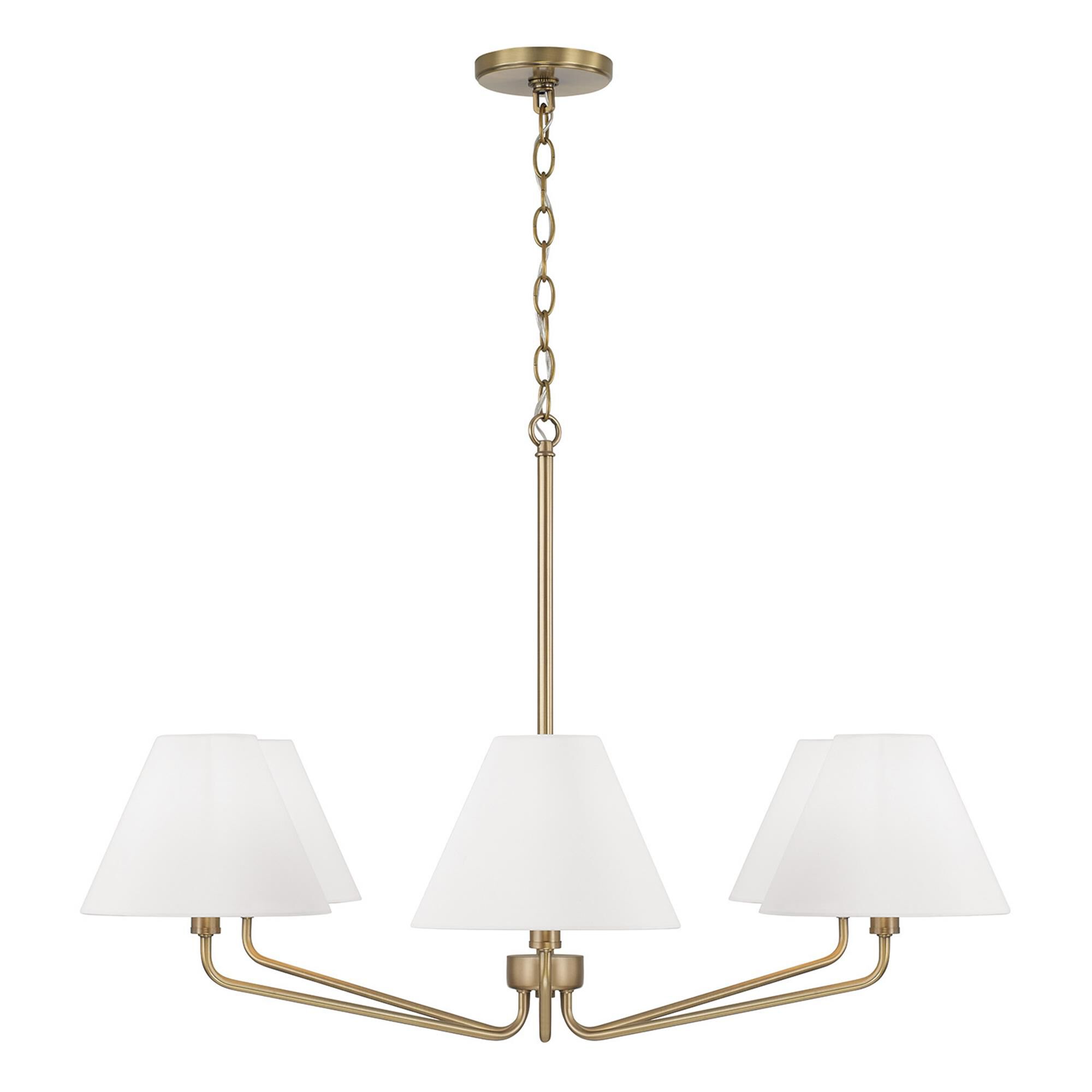 Shown in Aged Brass finish and White Fabric shade