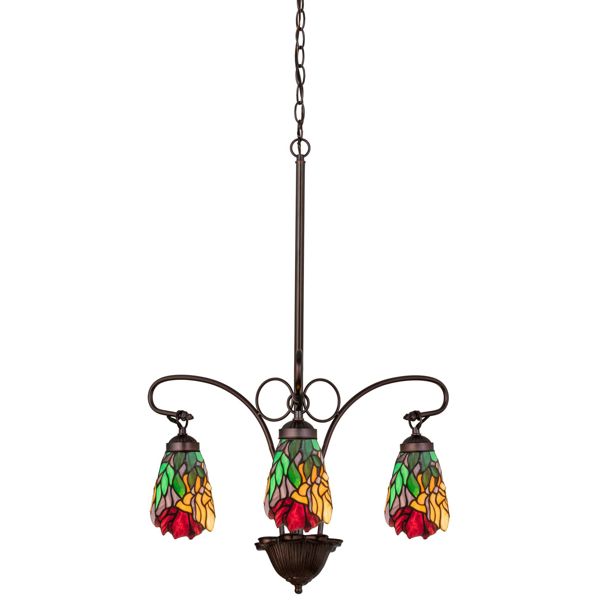 Shown in Mahogany Bronze finish and Orange-Burgundy-Green glass