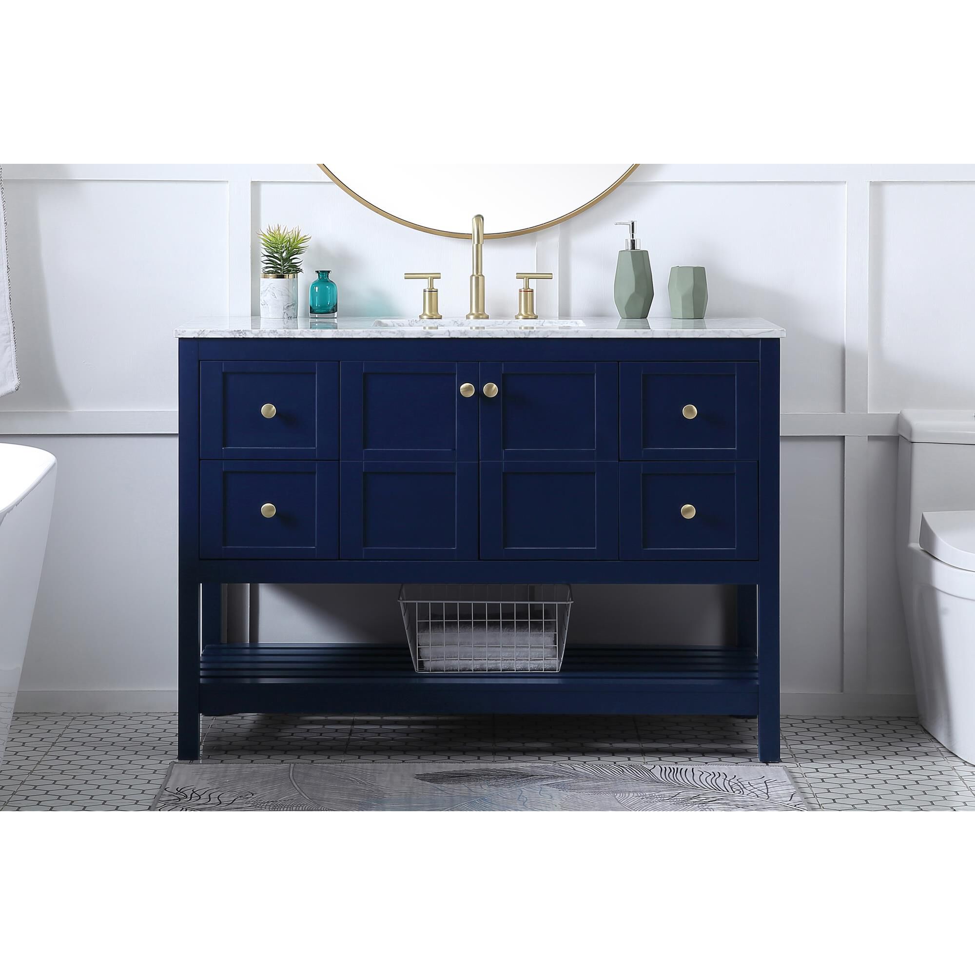 Shown in Blue And Gold With Carrara White Marble finish
