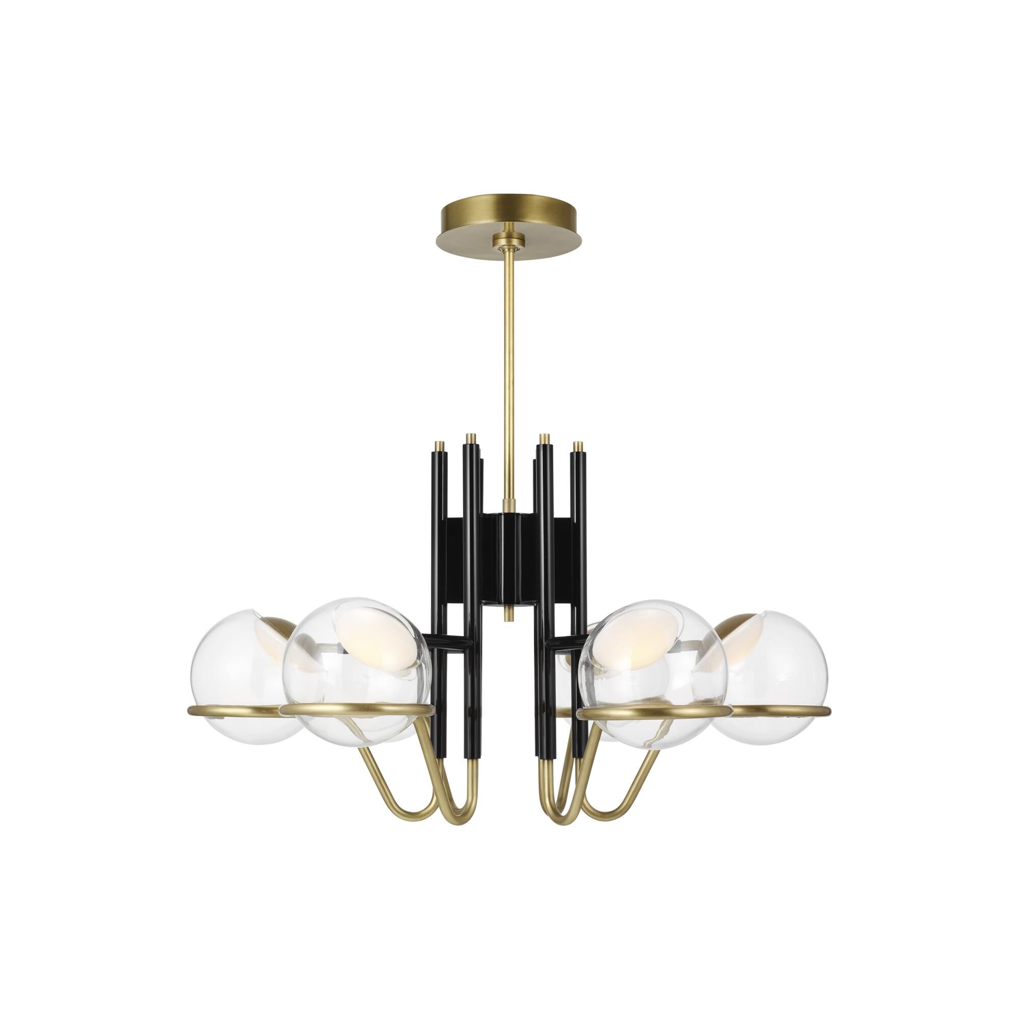 Shown in Glossy Black And Natural Brass finish and Glass shade