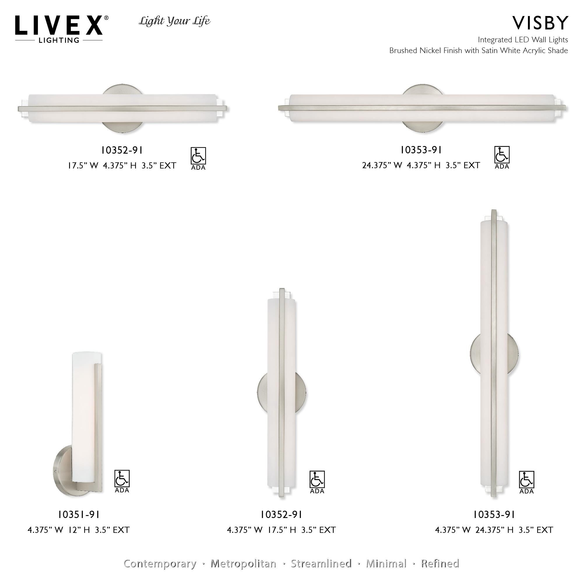 Shown in Brushed Nickel finish and Satin White Acrylic shade