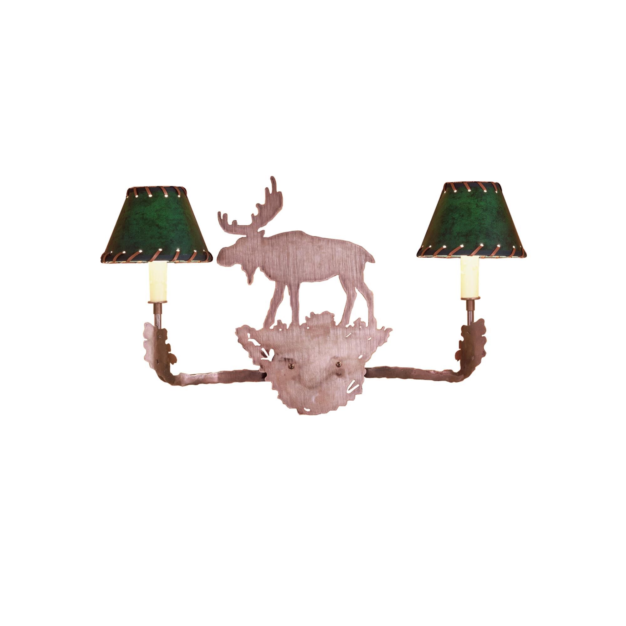 Shown in Antique Copper finish and Forest Green Faux Leather-Rawhide shade