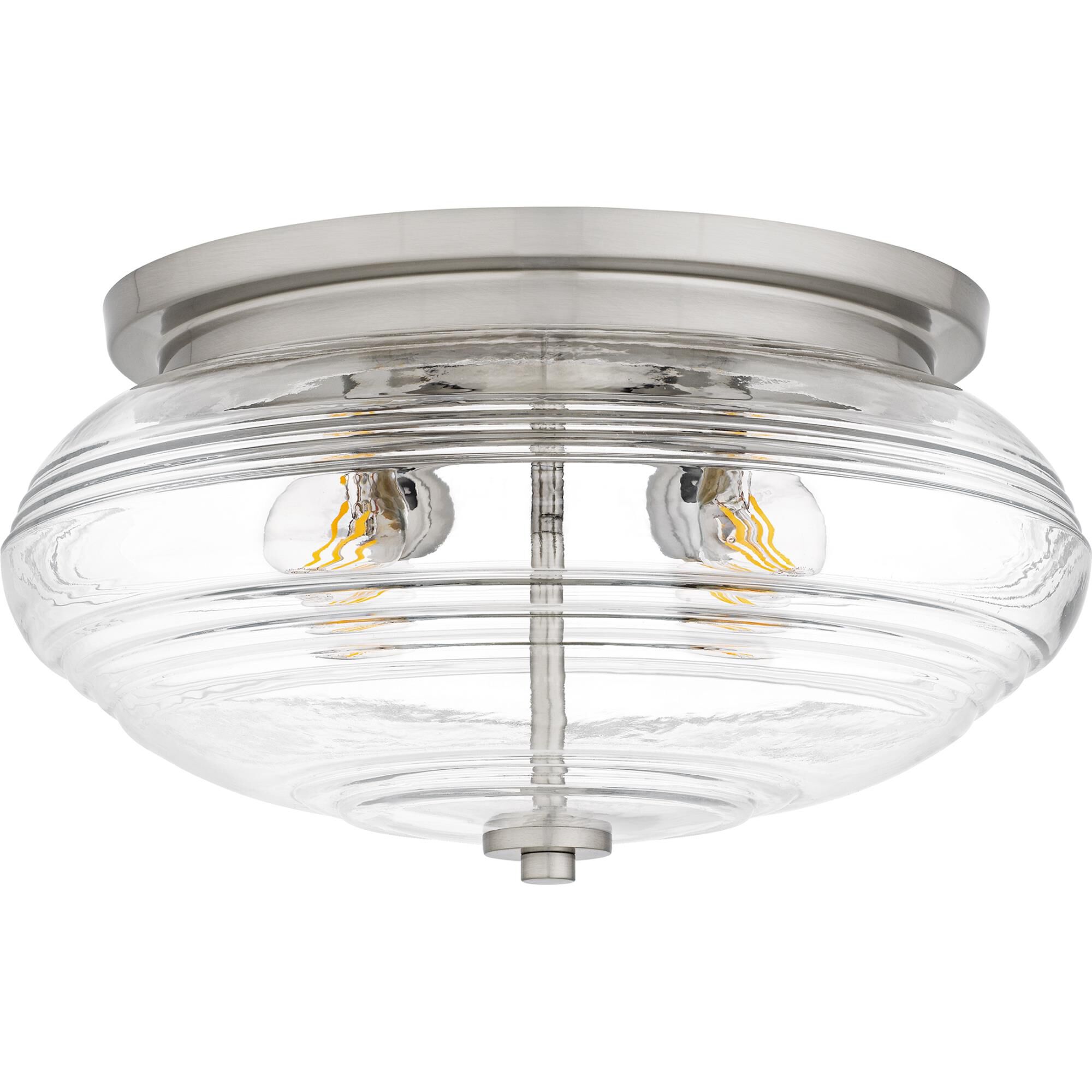 Shown in Brushed Nickel finish and Clear Ribbed Glass shade