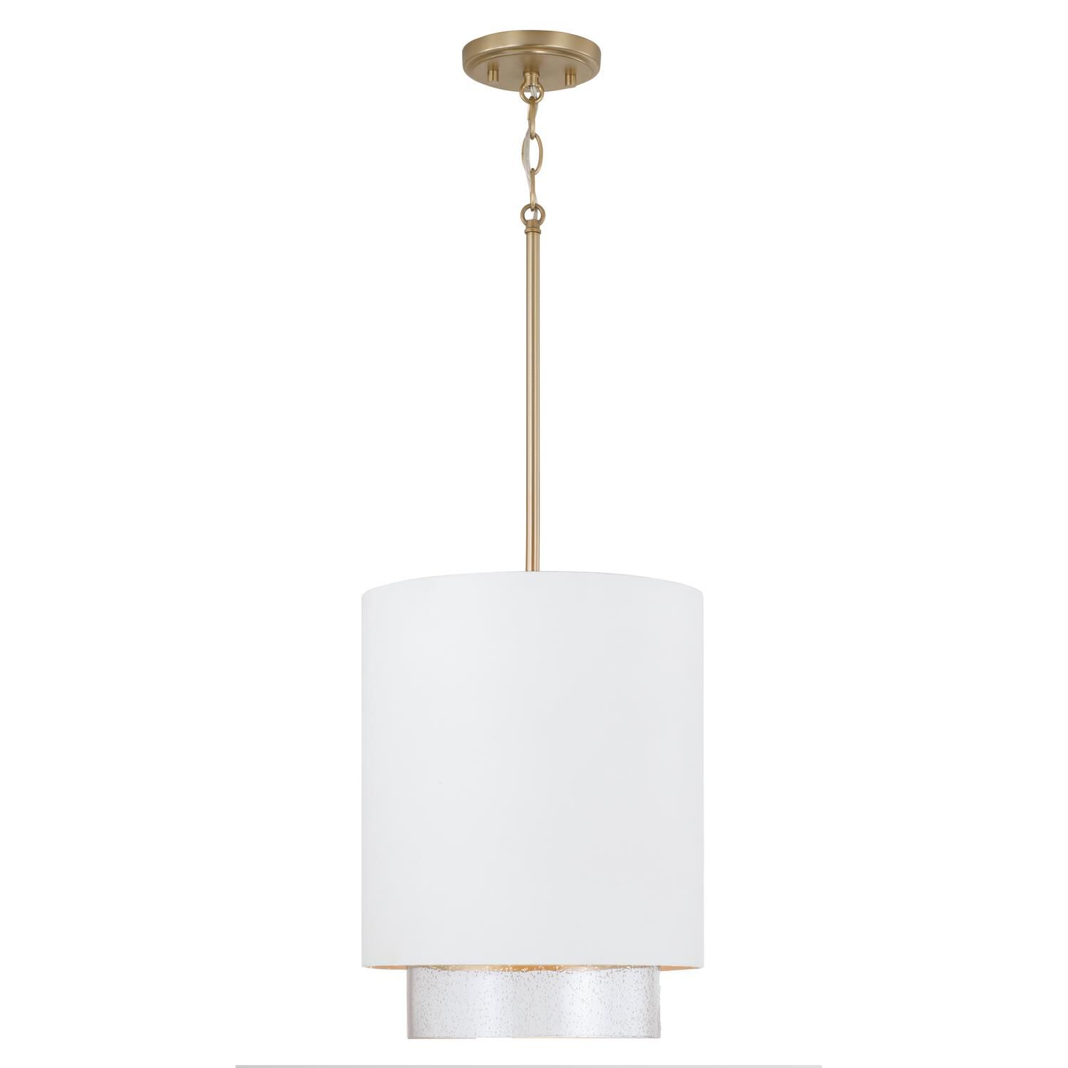 Shown in Matte Brass and White finish and Clear Seeded glass and Metal with Brass Interior shade