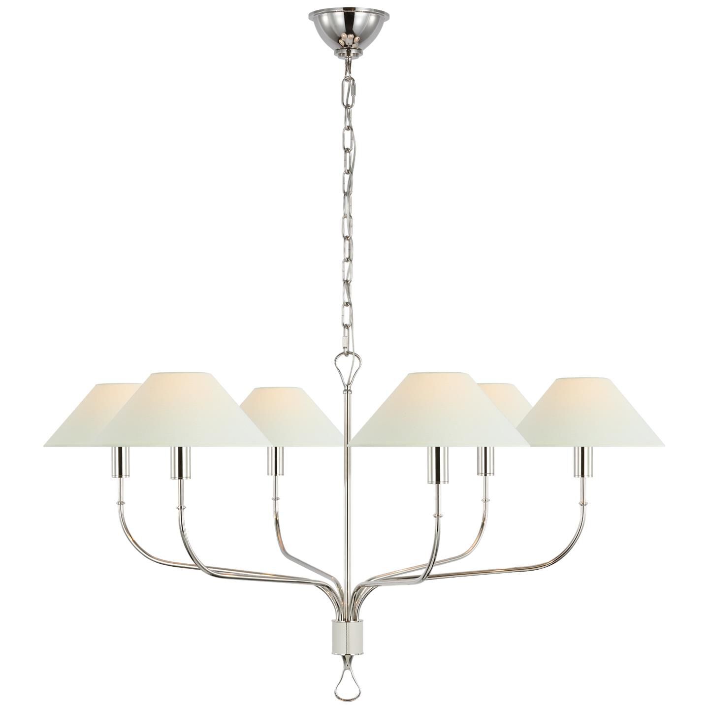 Shown in Polished Nickel and Parchment Leather finish and Linen shade