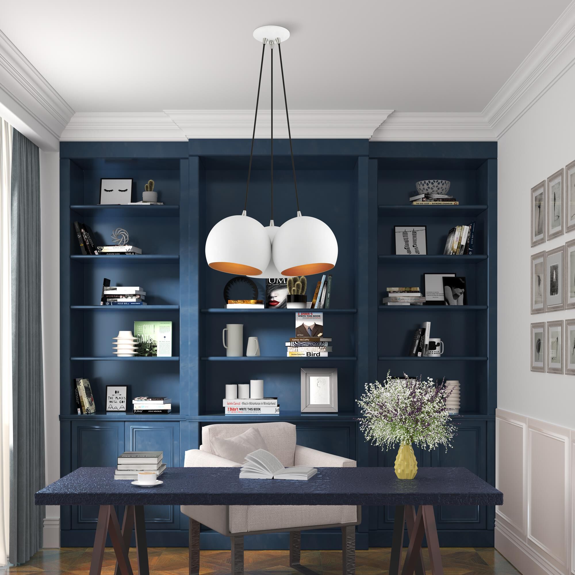 Shown in White with Brushed Nickel Accents finish and White Metal with Gold Inside shade