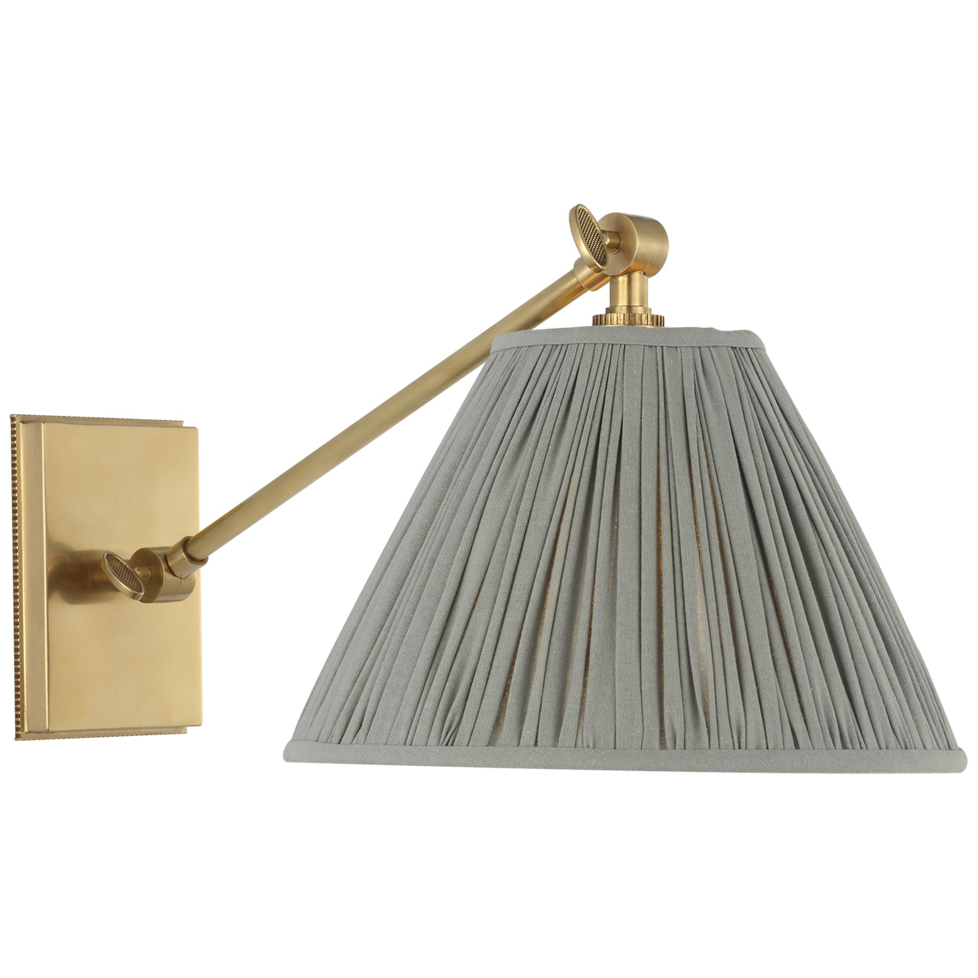 Shown in Soft Brass finish and Blue Linen Pleated shade