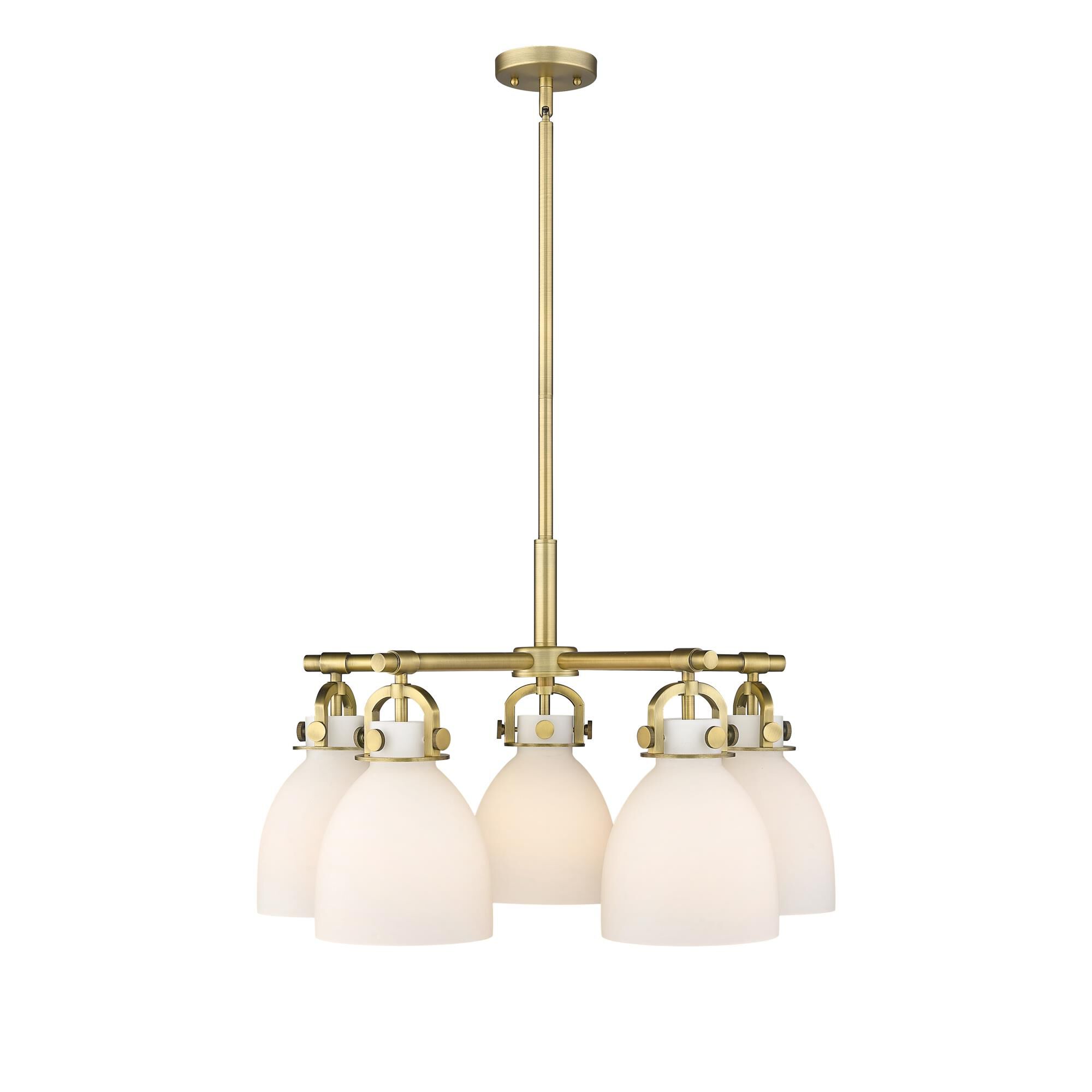 Shown in Brushed Brass finish and Matte White glass