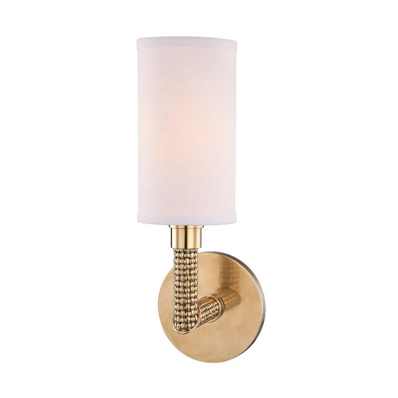 Shown in Aged Brass finish and Off White Linen shade