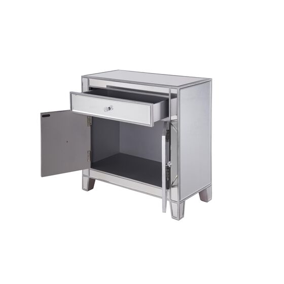 Storage cabinet with a drawer open showing interior storage.
