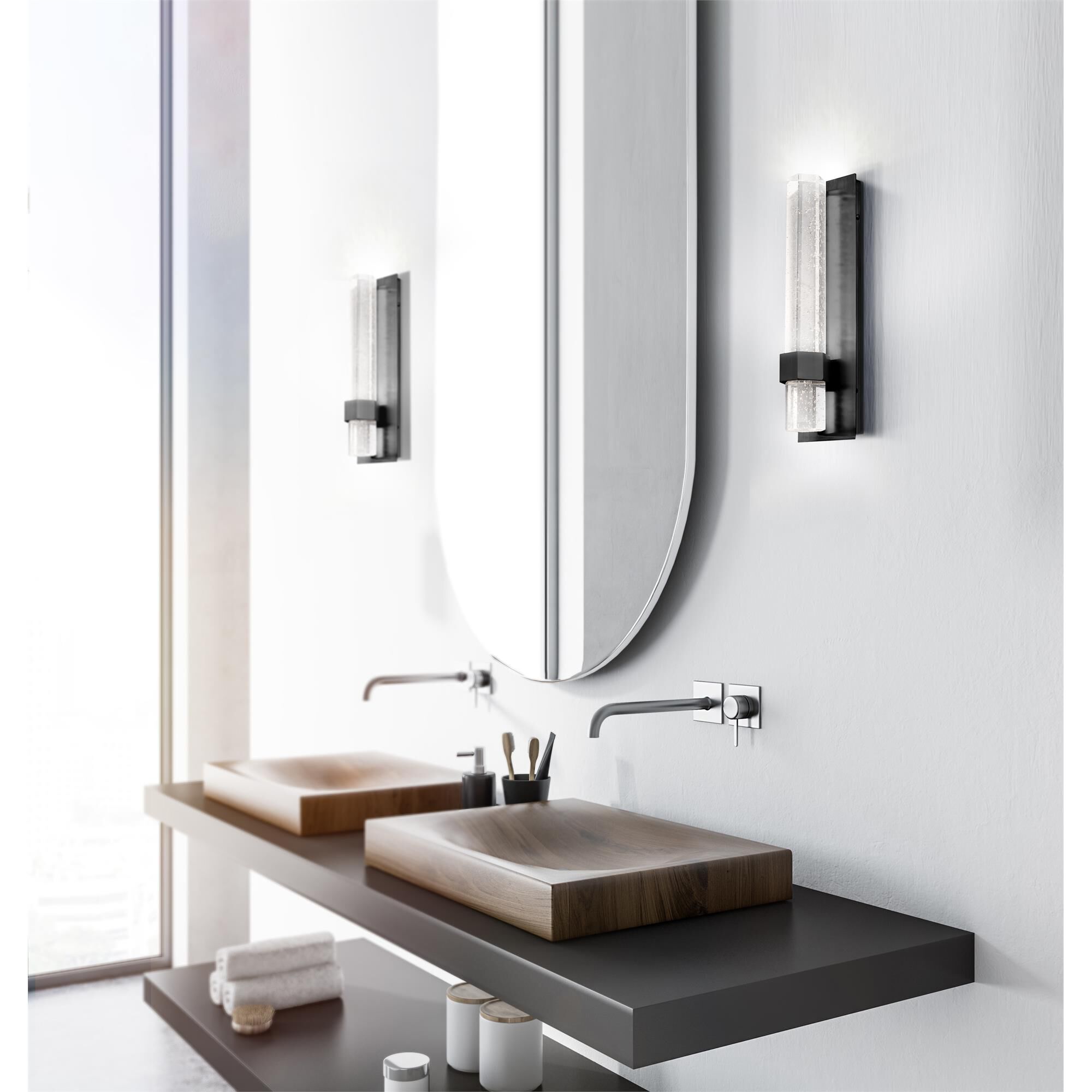 Shown in Black finish and Clear Encased with Bubbles glass
