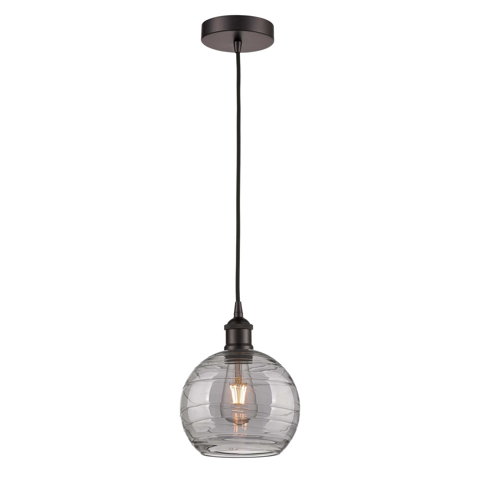 Shown in Oil Rubbed Bronze finish and Light Smoke Deco Swirl glass