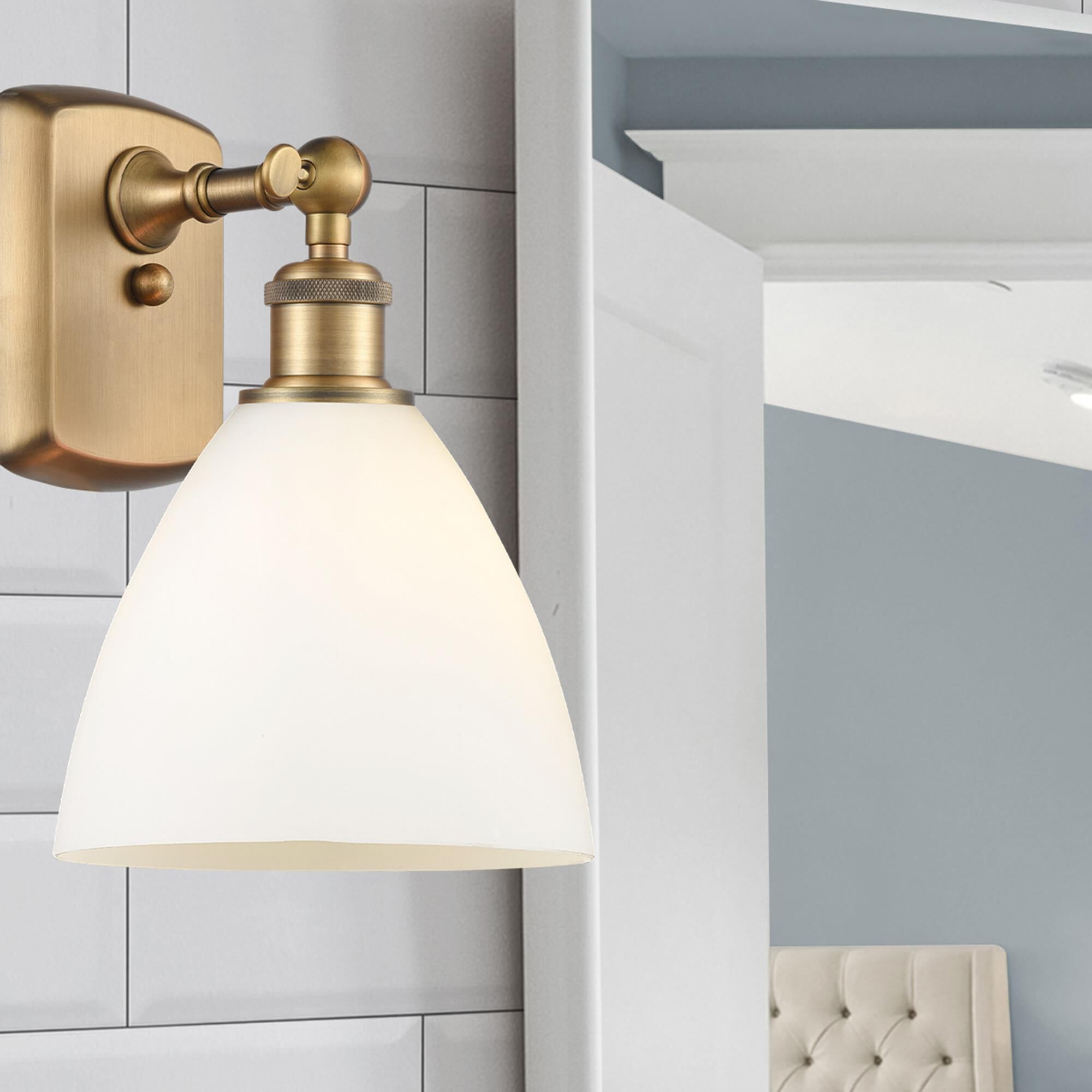 Shown in Brushed Brass finish and Cased Matte White Ballston Dome glass and No Shade shade