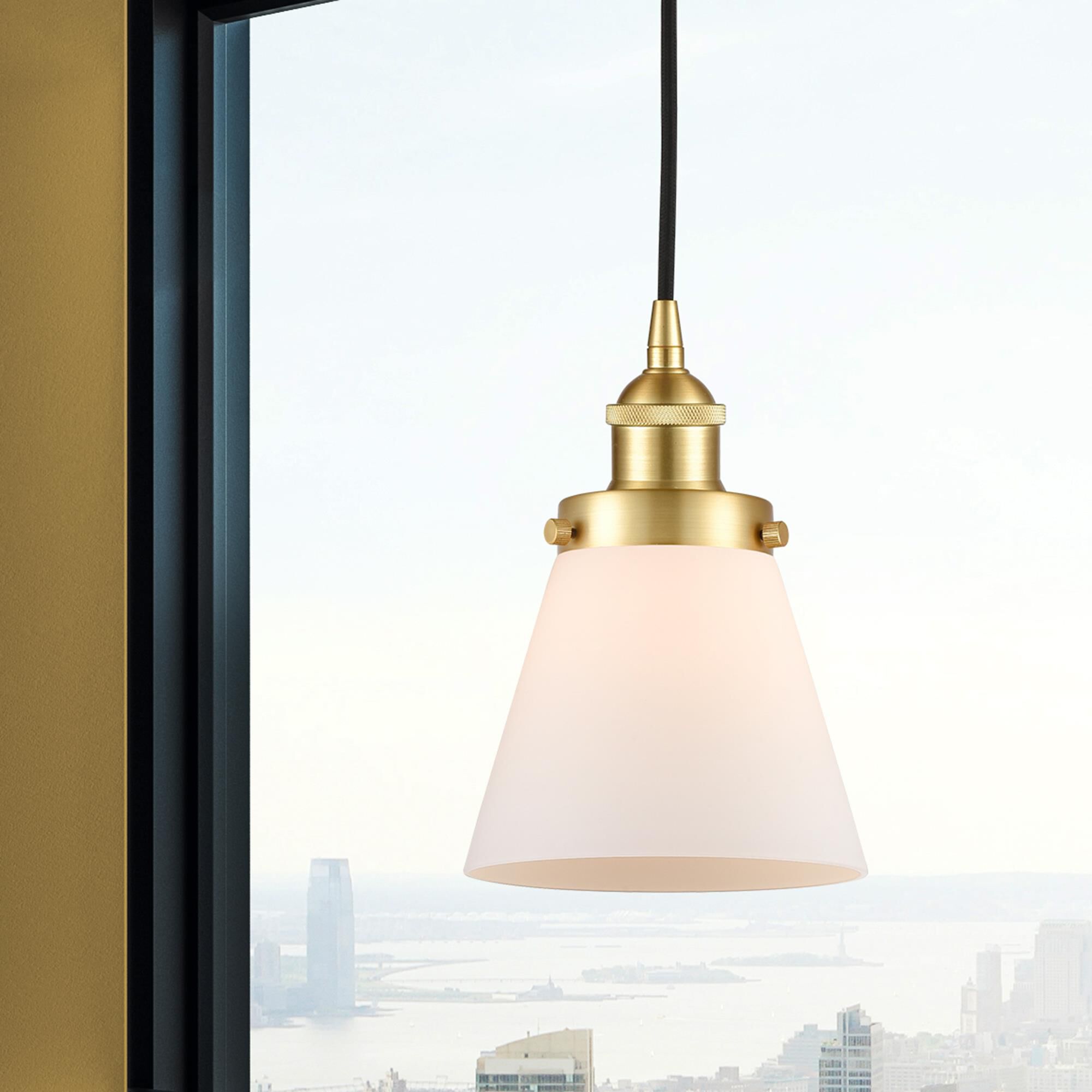Shown in Satin Gold finish and Matte White Cased Small Cone glass