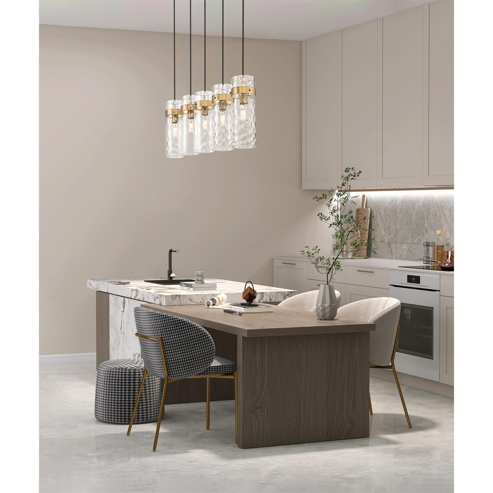 Shown in Rubbed Brass finish and Clear Water glass and Clear Water shade