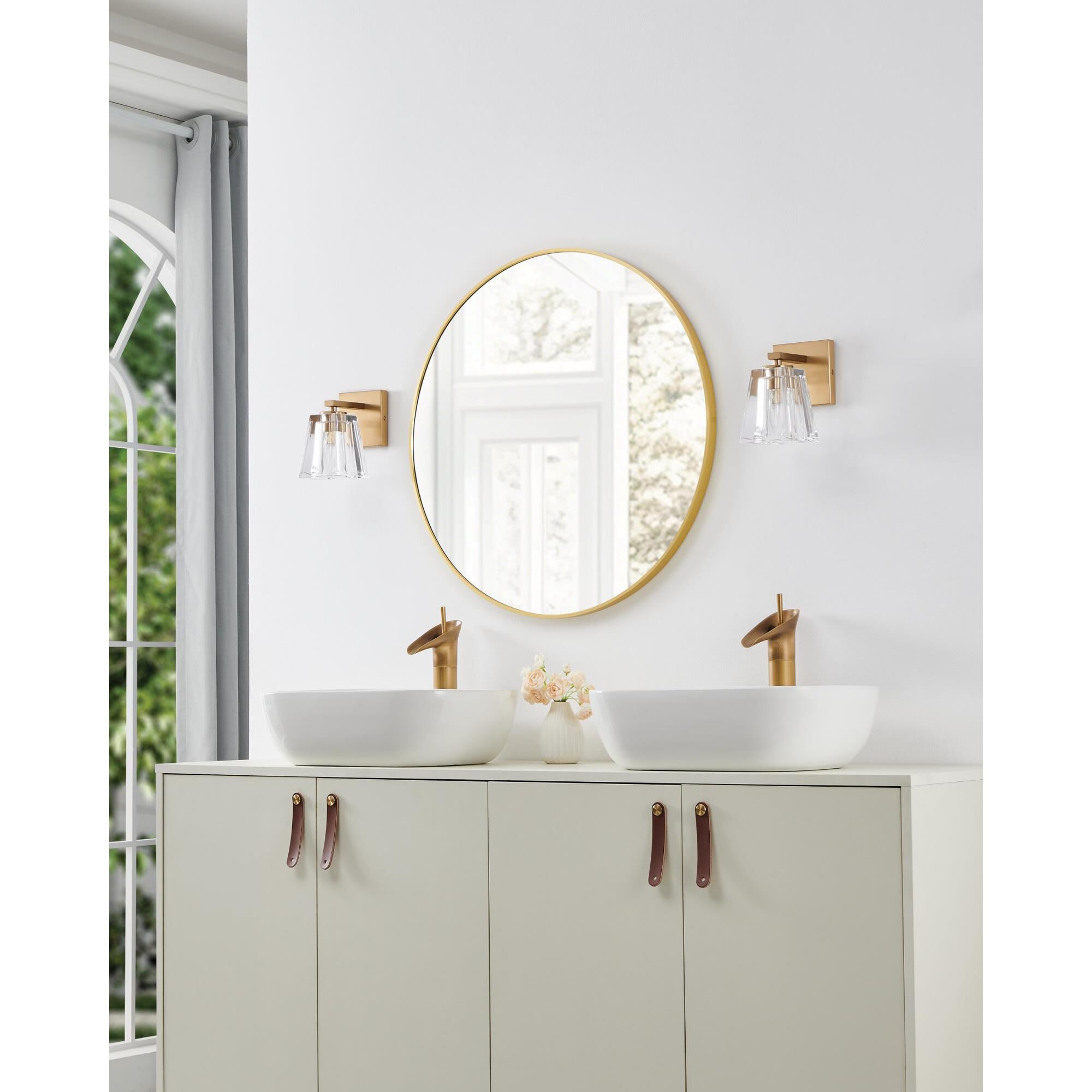 Shown in Champagne Gold finish and Clear Pressed glass