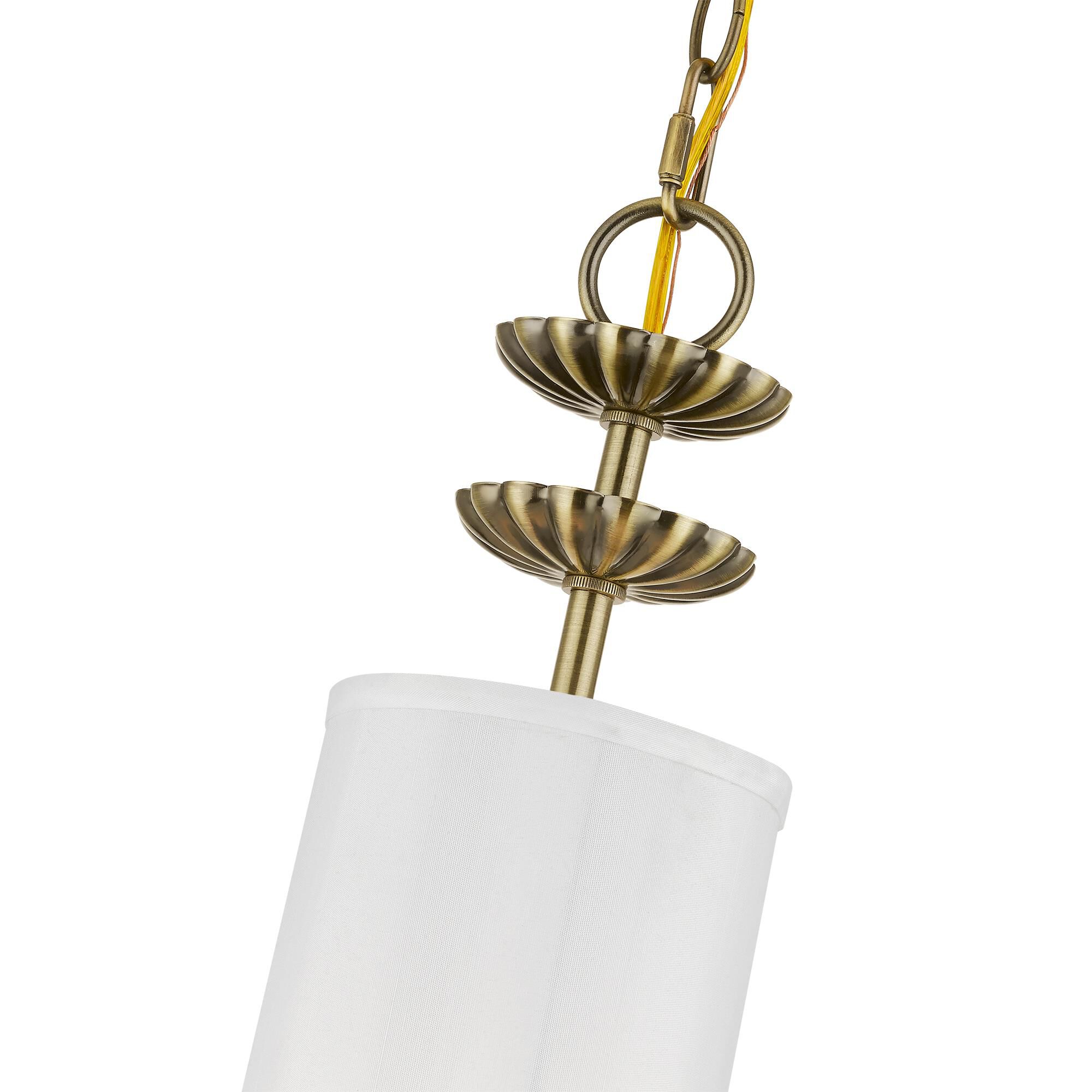 Shown in Antique Brass finish and Off-White Fabric Hardback with White Fabric Inside shade