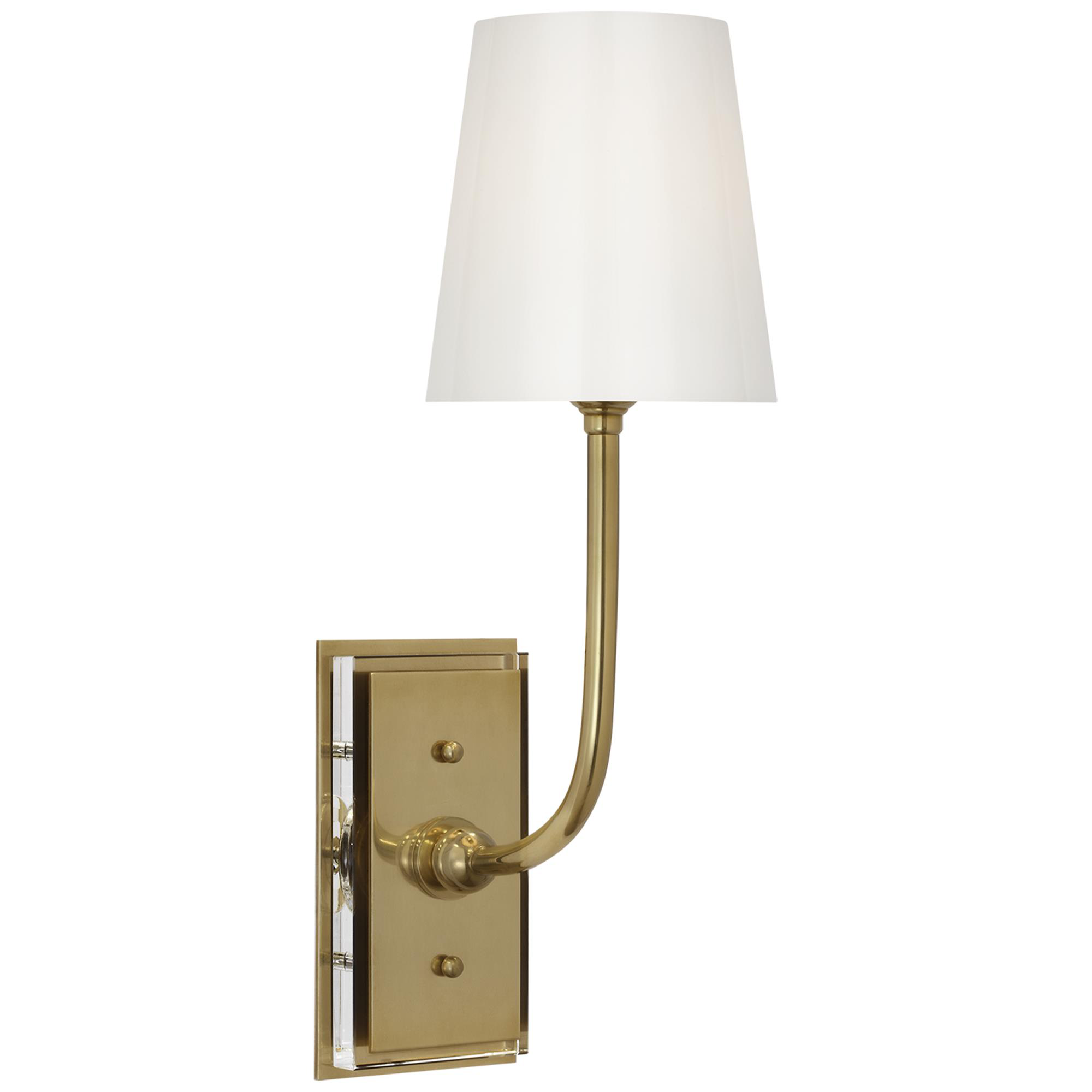 Shown in Hand-Rubbed Antique Brass finish and White glass
