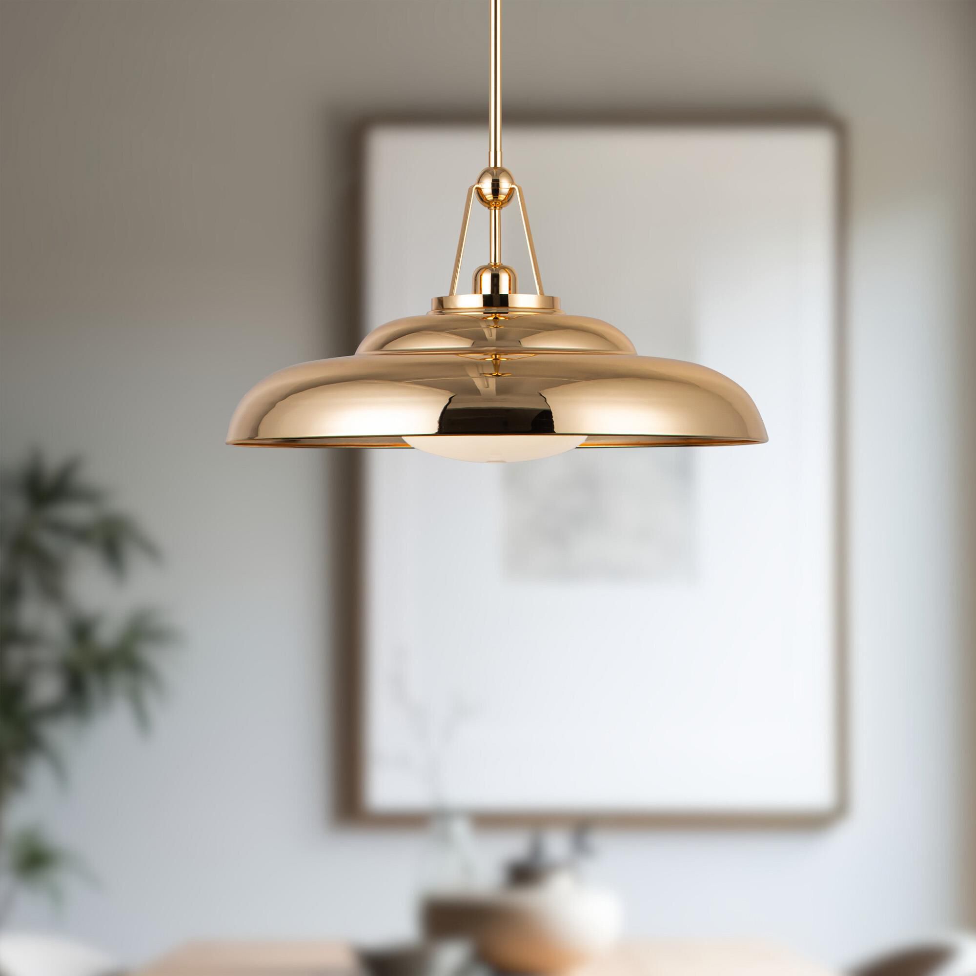 Shown in Polished Brass finish and Glossy Opal glass and Steel Spun shade