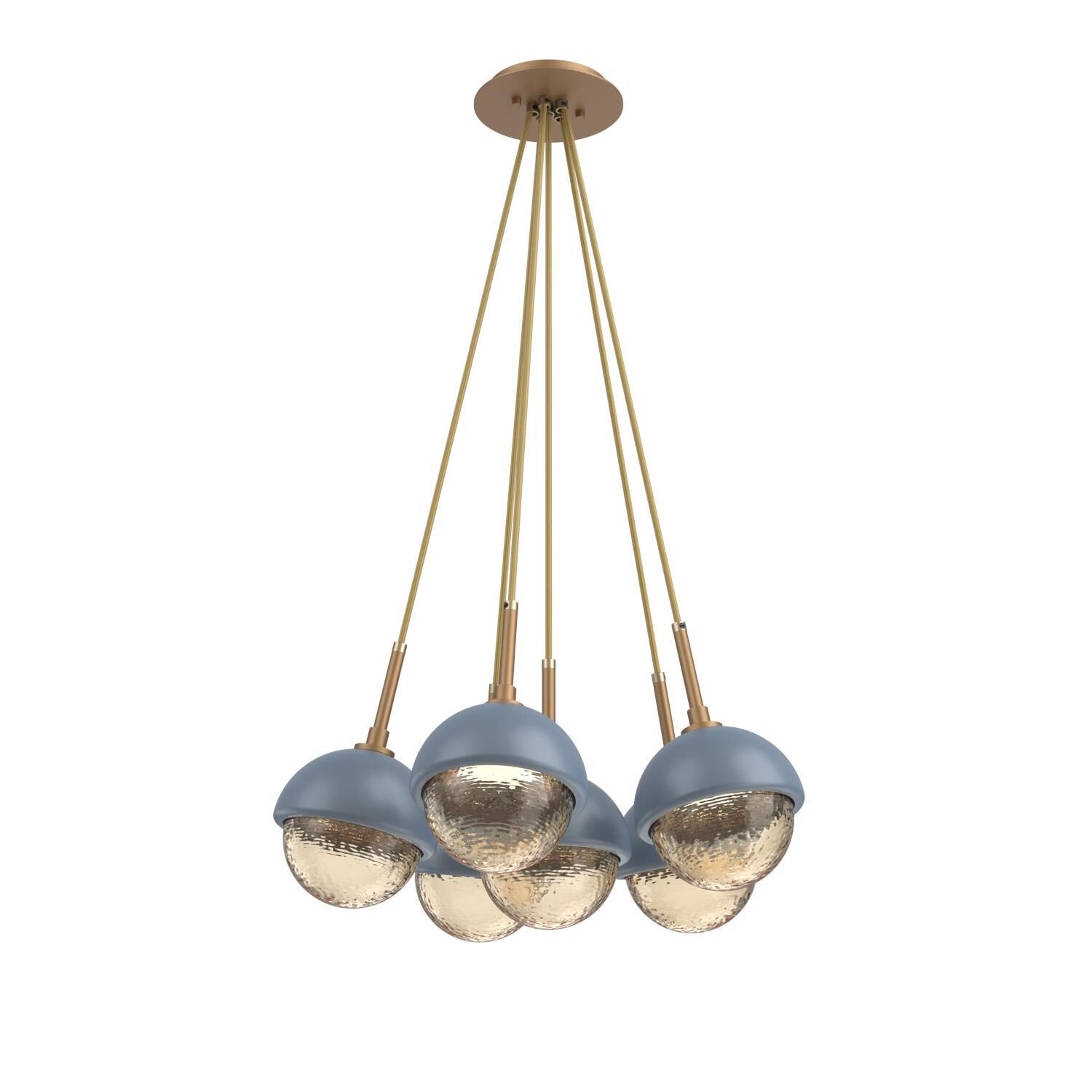 Shown in Novel Brass finish and Amber glass and Poppy Blue accent