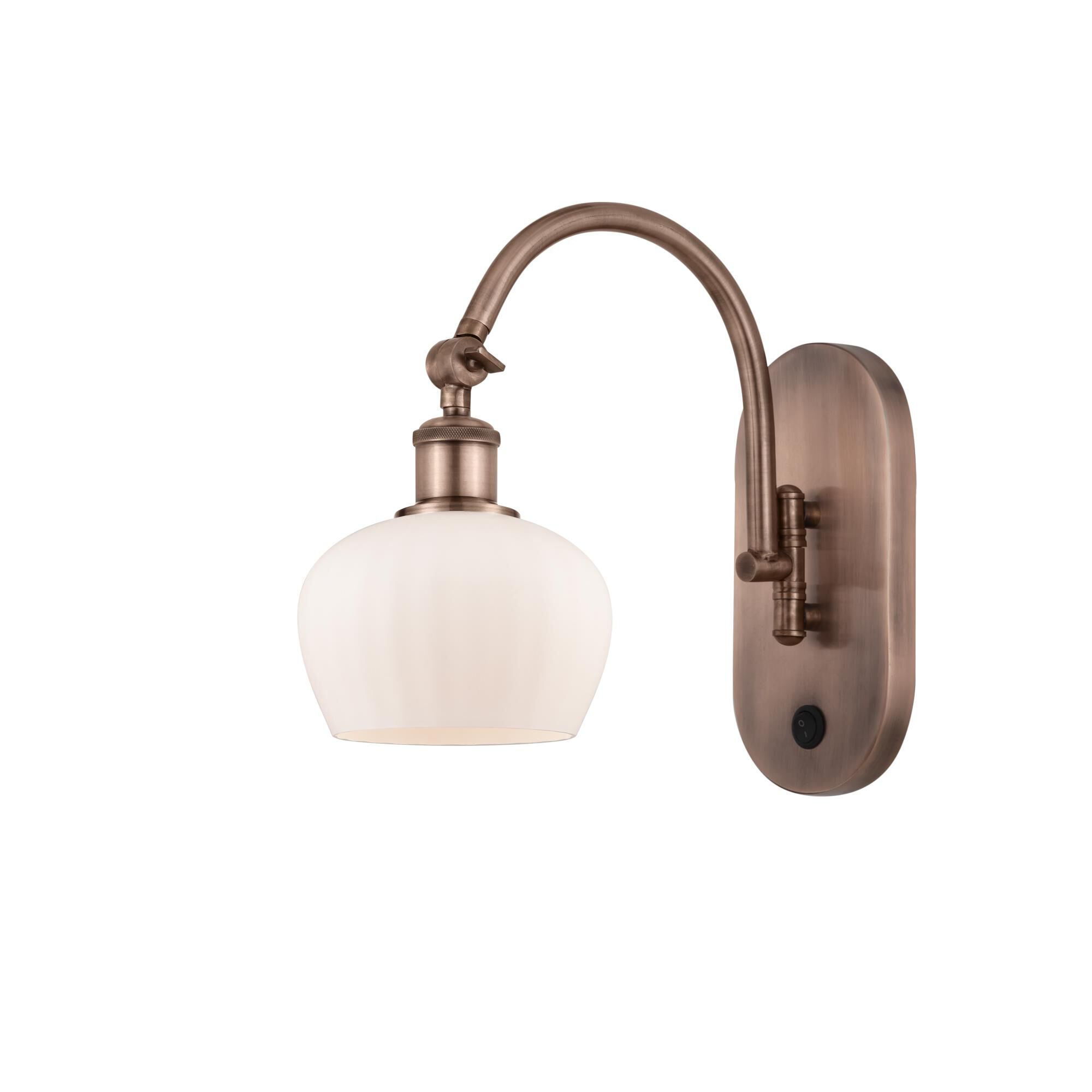 Shown in Antique Copper finish and Matte White glass