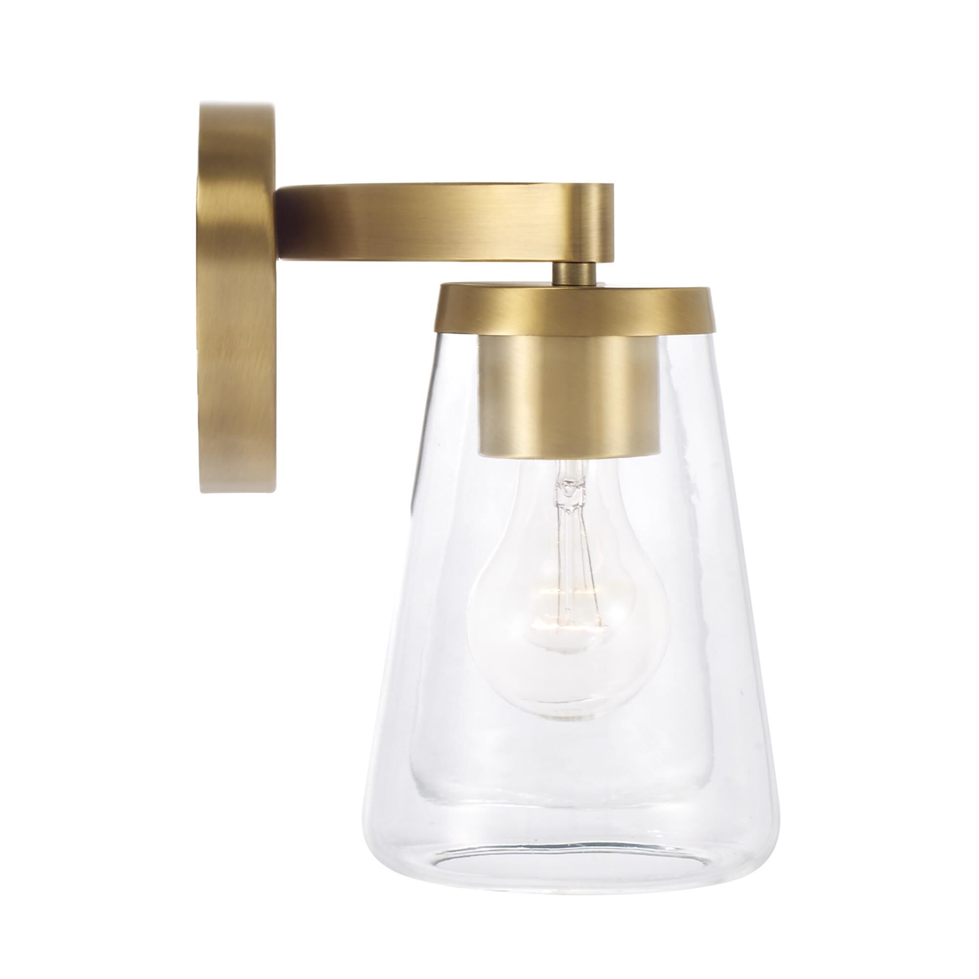 Shown in Aged Brass finish and Clear glass