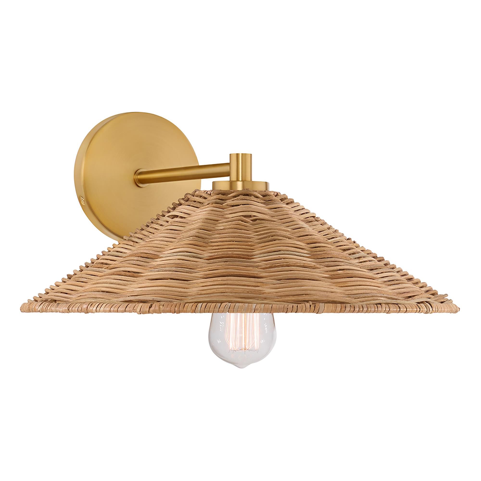 Shown in Natural Brass finish and Natural Rattan shade