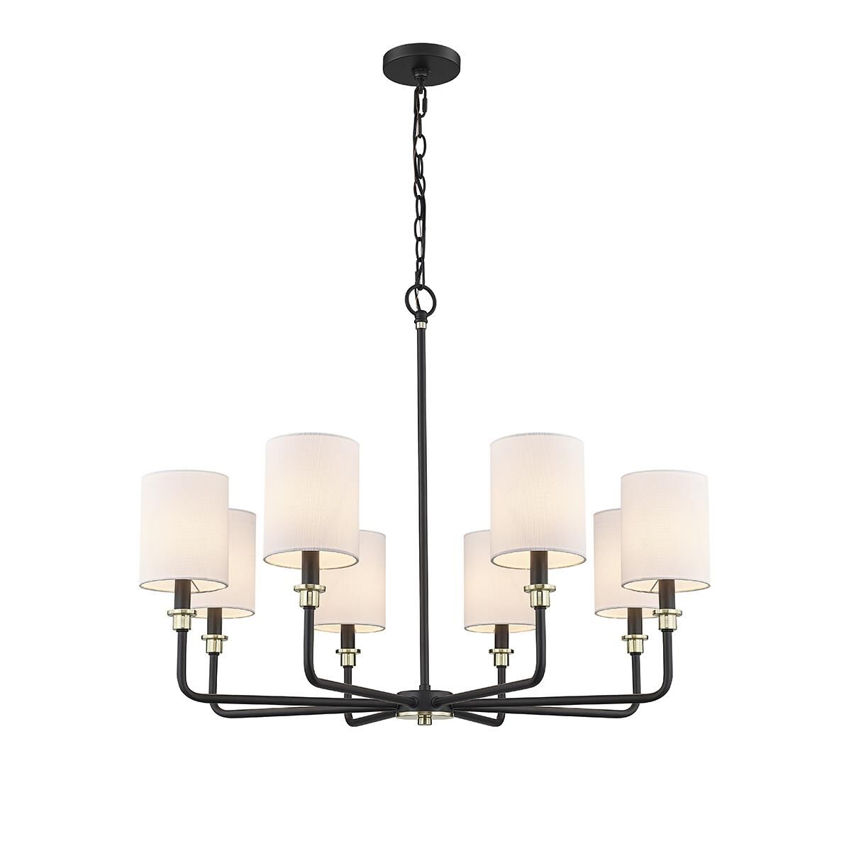 Shown in Matte Black Modern Gold finish and White Linen shade