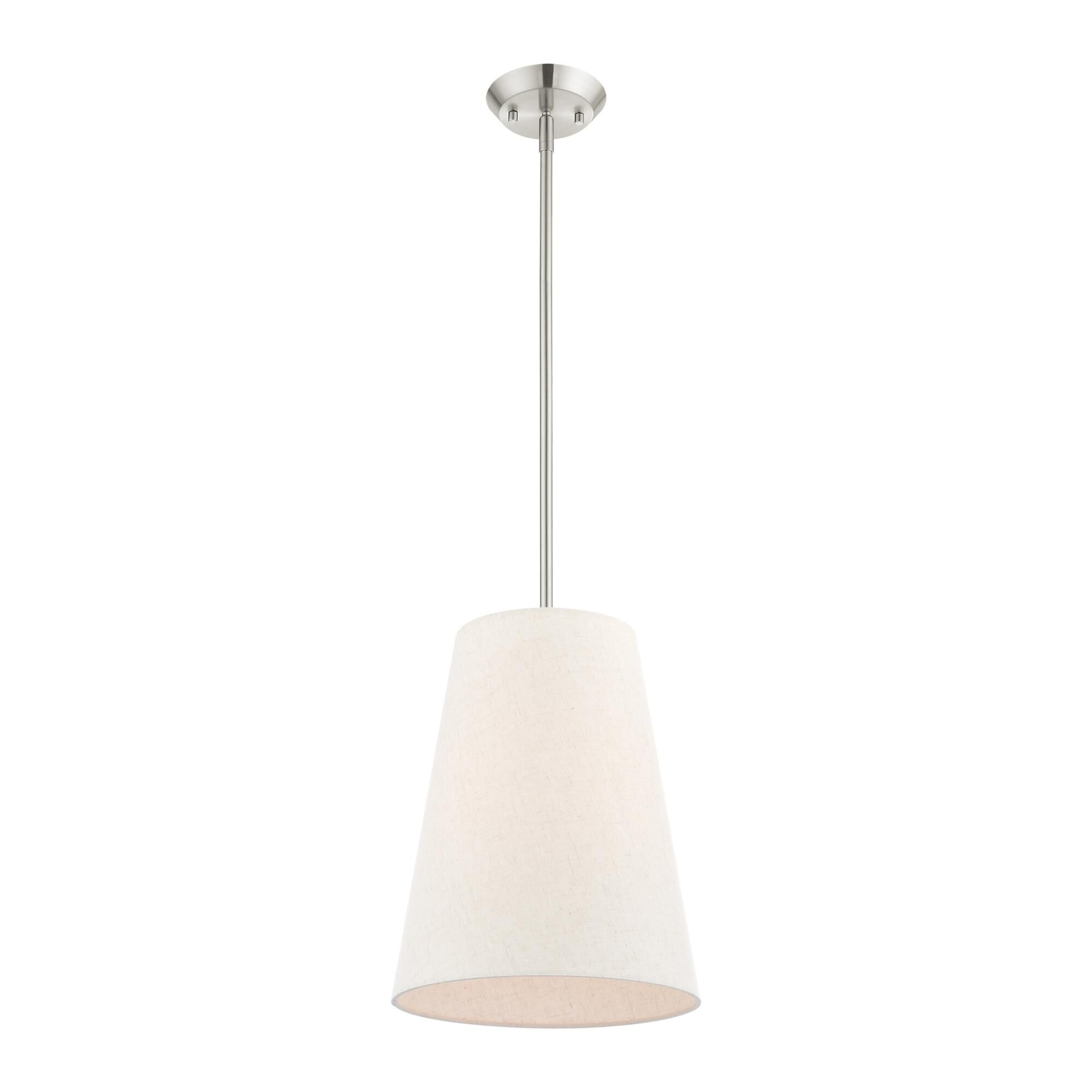 Shown in Brushed Nickel finish and Hand Crafted Oatmeal Fabric Hardback Shade glass and Hand Crafted Oatmeal Fabric Hardback shade