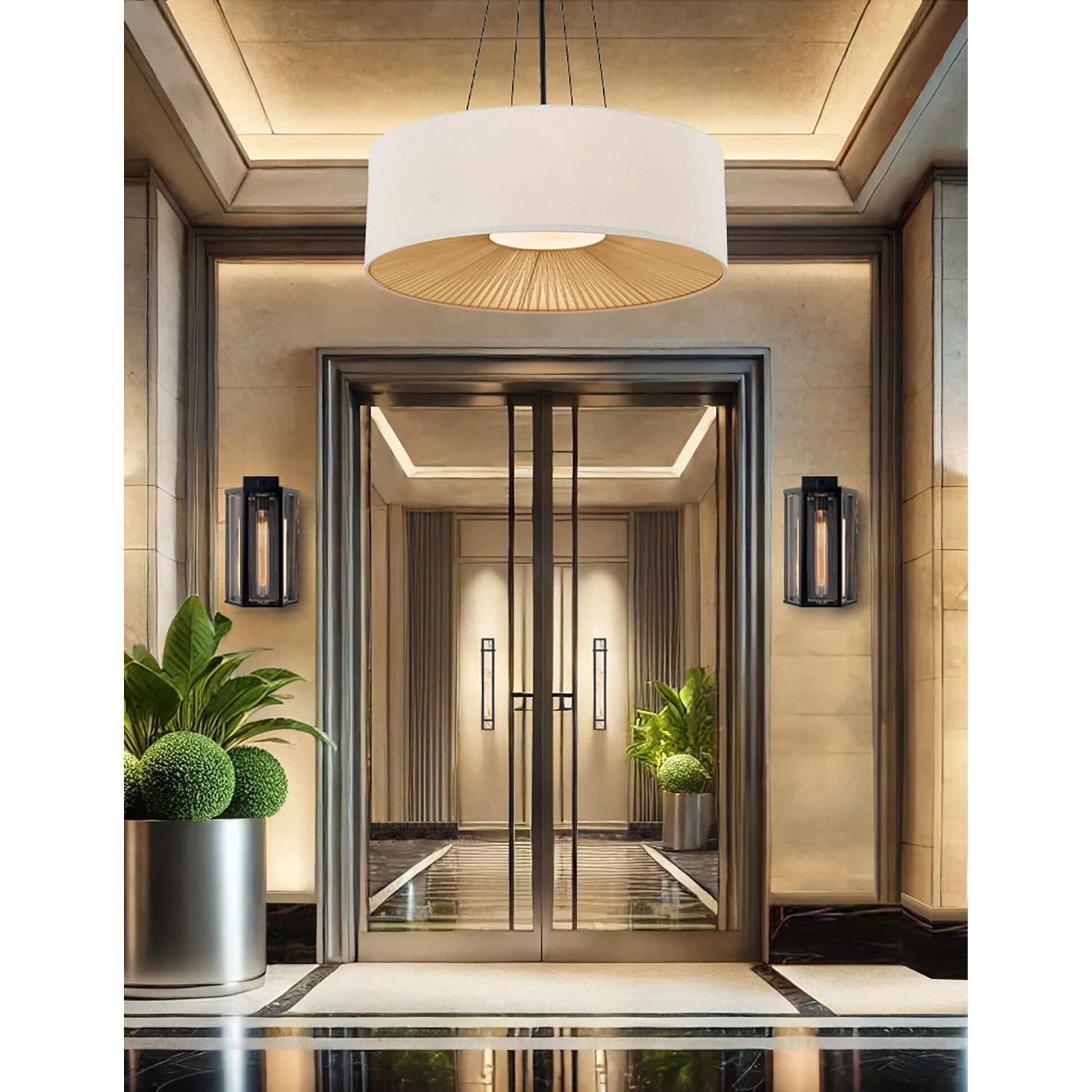 Shown in Matte Black finish and Cream Woven Fabric shade