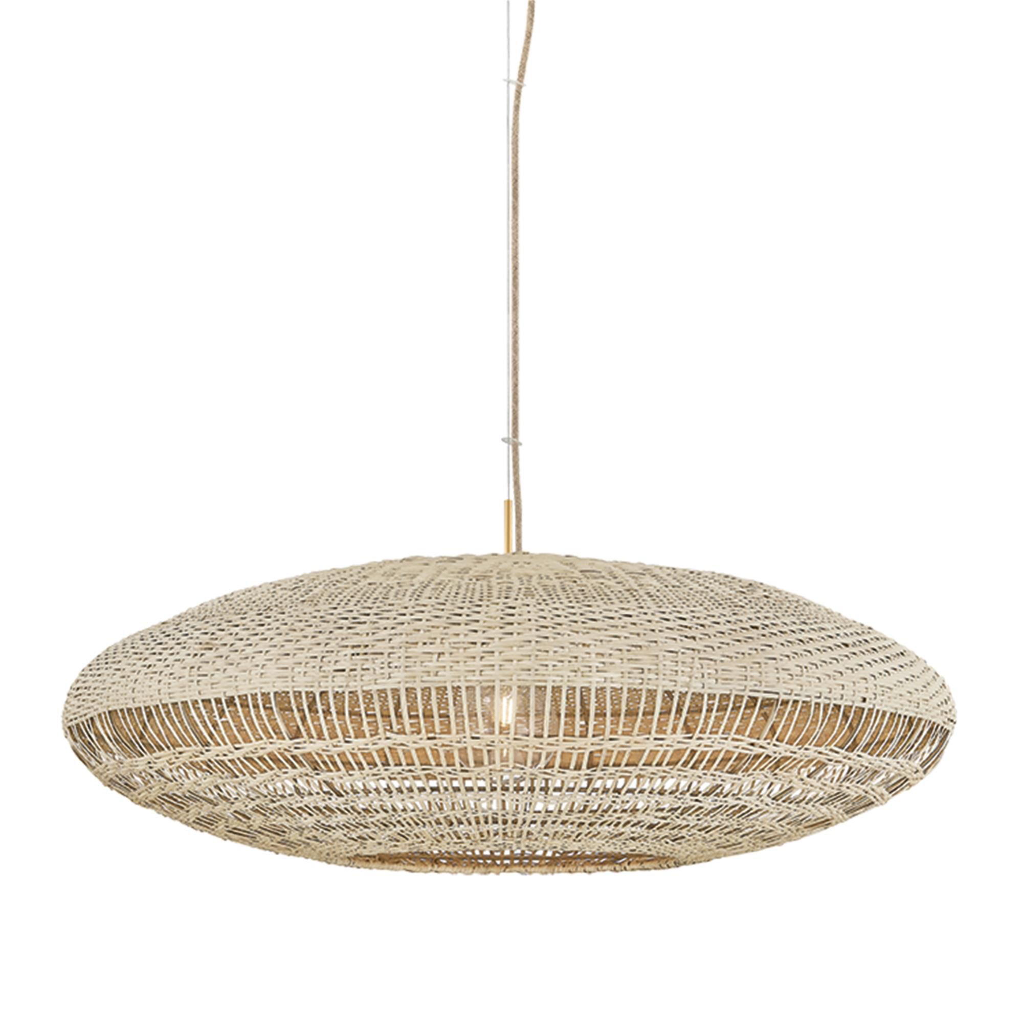 Shown in Aged Brass finish and Vintage Natural Wicker Natural Woven shade