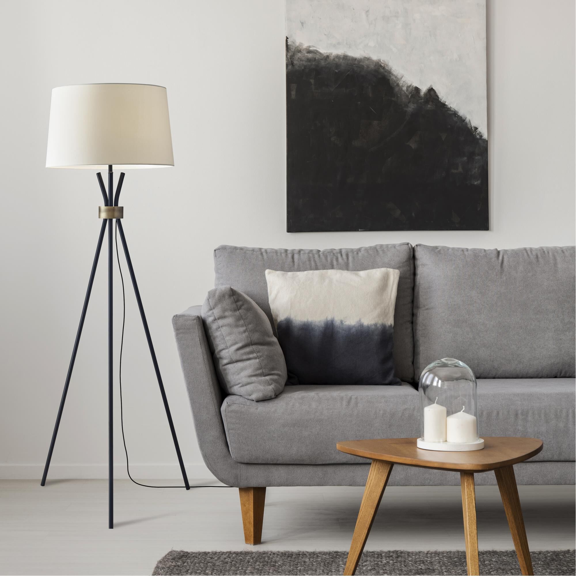 Shown in Black W. Antique Brass Accent finish and Off-White Linen shade