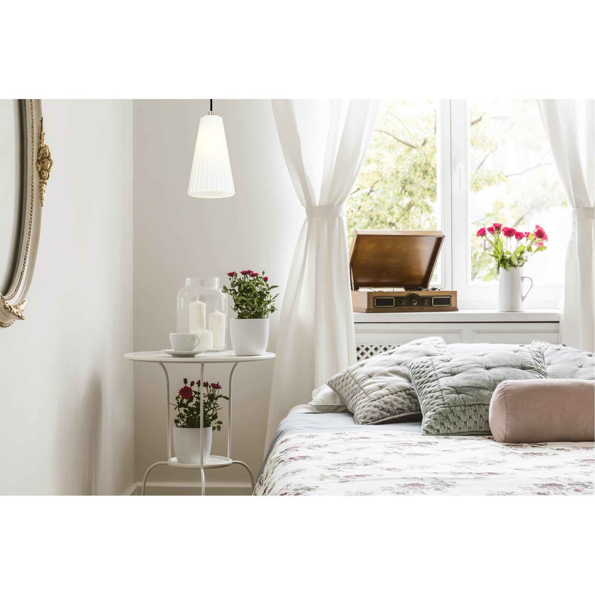 Shown in Brushed Nickel finish and White glass and White shade