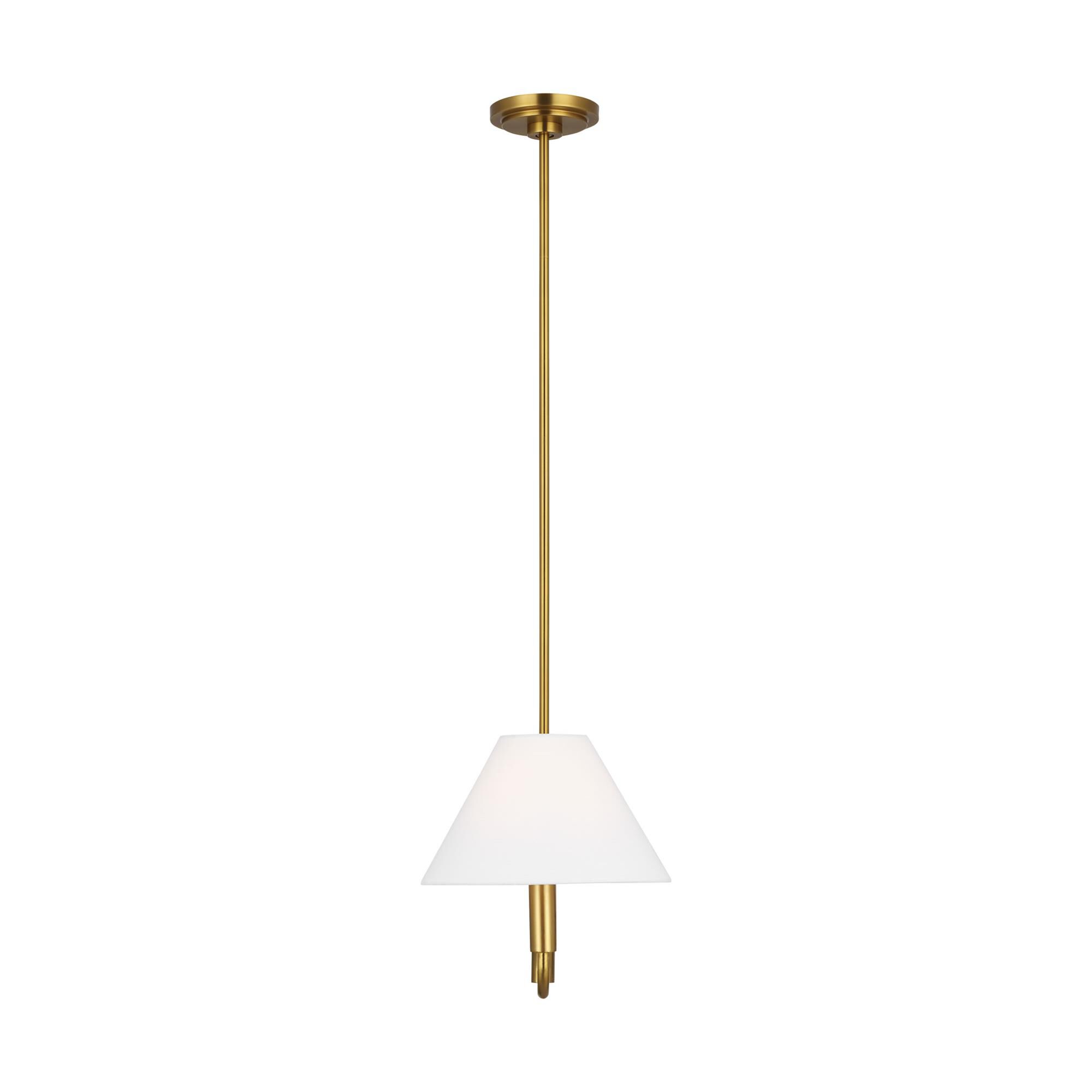 Shown in Burnished Brass finish and White Linen shade